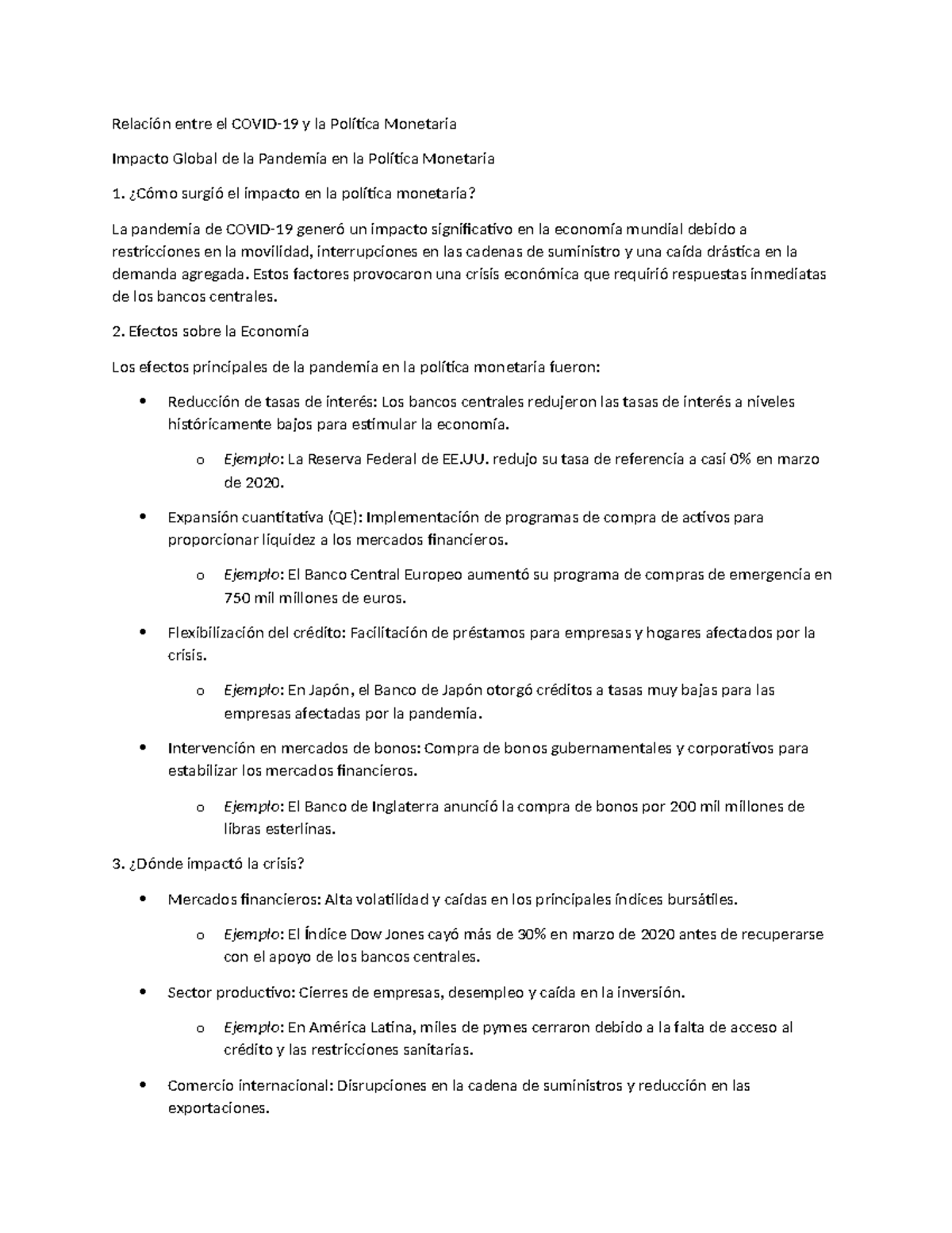 Impacto de la Pandemia en la Política Monetaria - ECONOMIA - Studocu