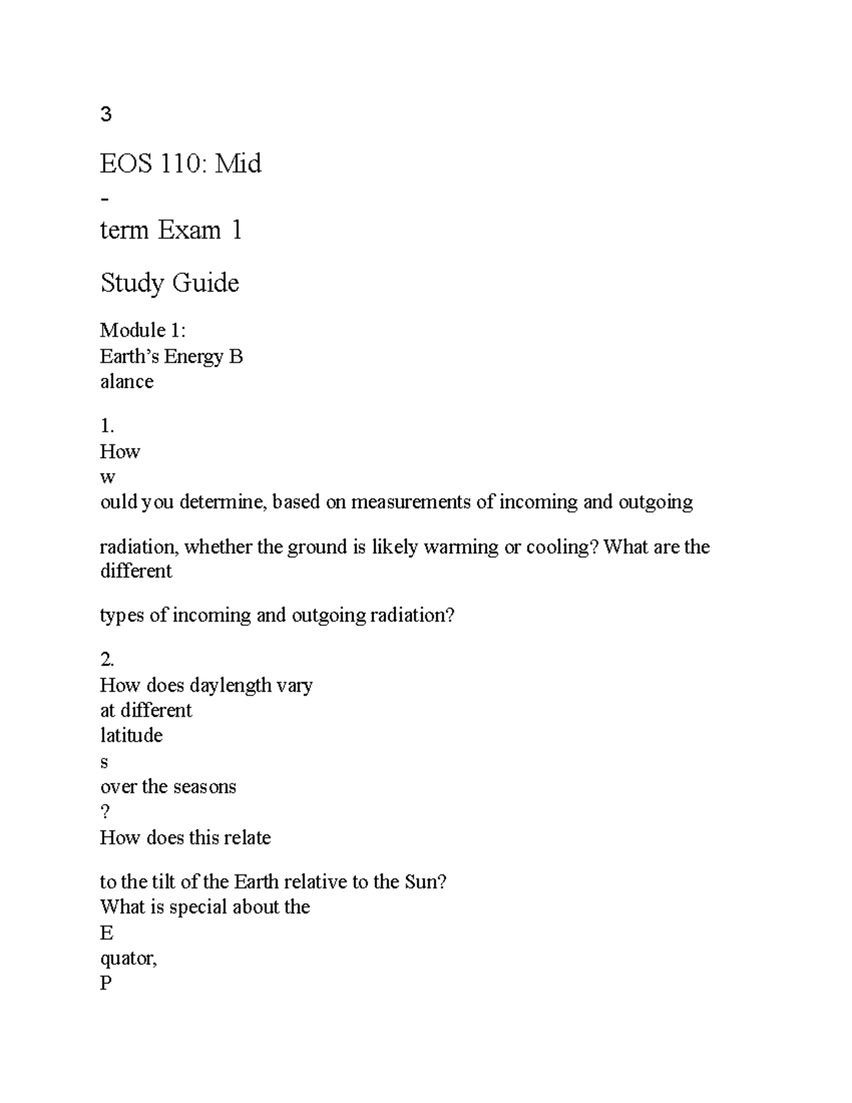 EOS 110: Midterm Exam 1 Study Guide on Energy Balance & Oceanography ...