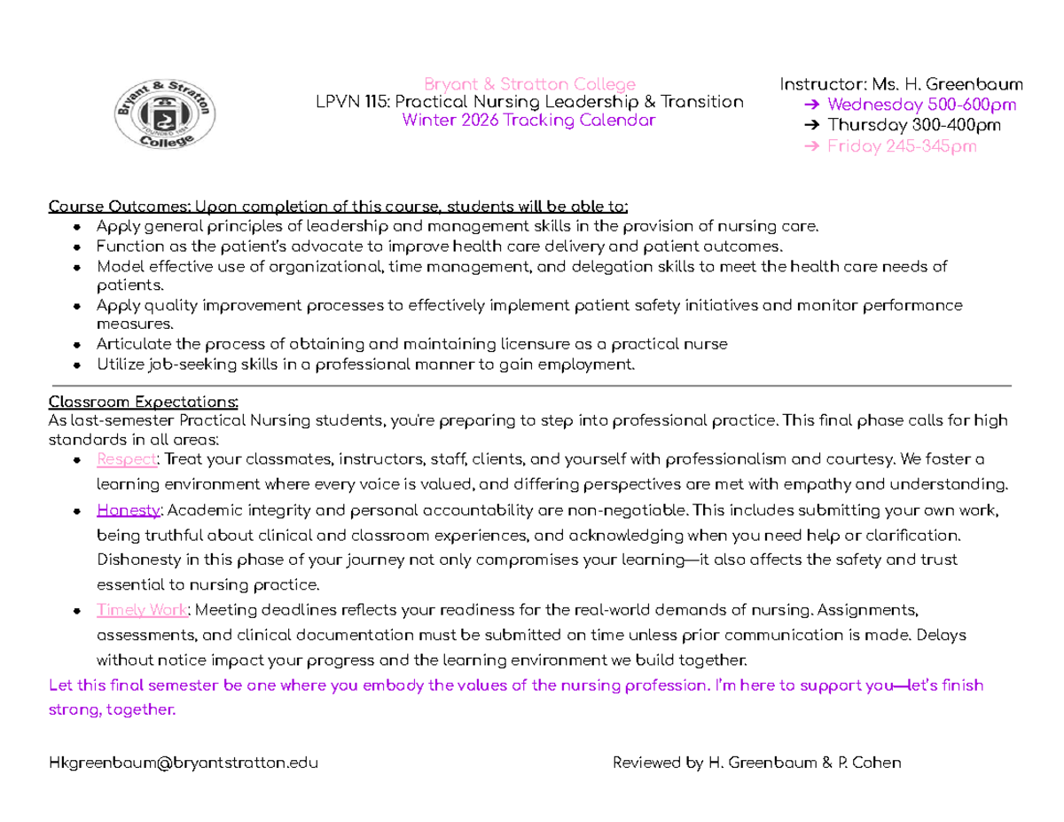 LPVN 115: Practical Nursing Leadership Transition Winter 2026 Tracking ...