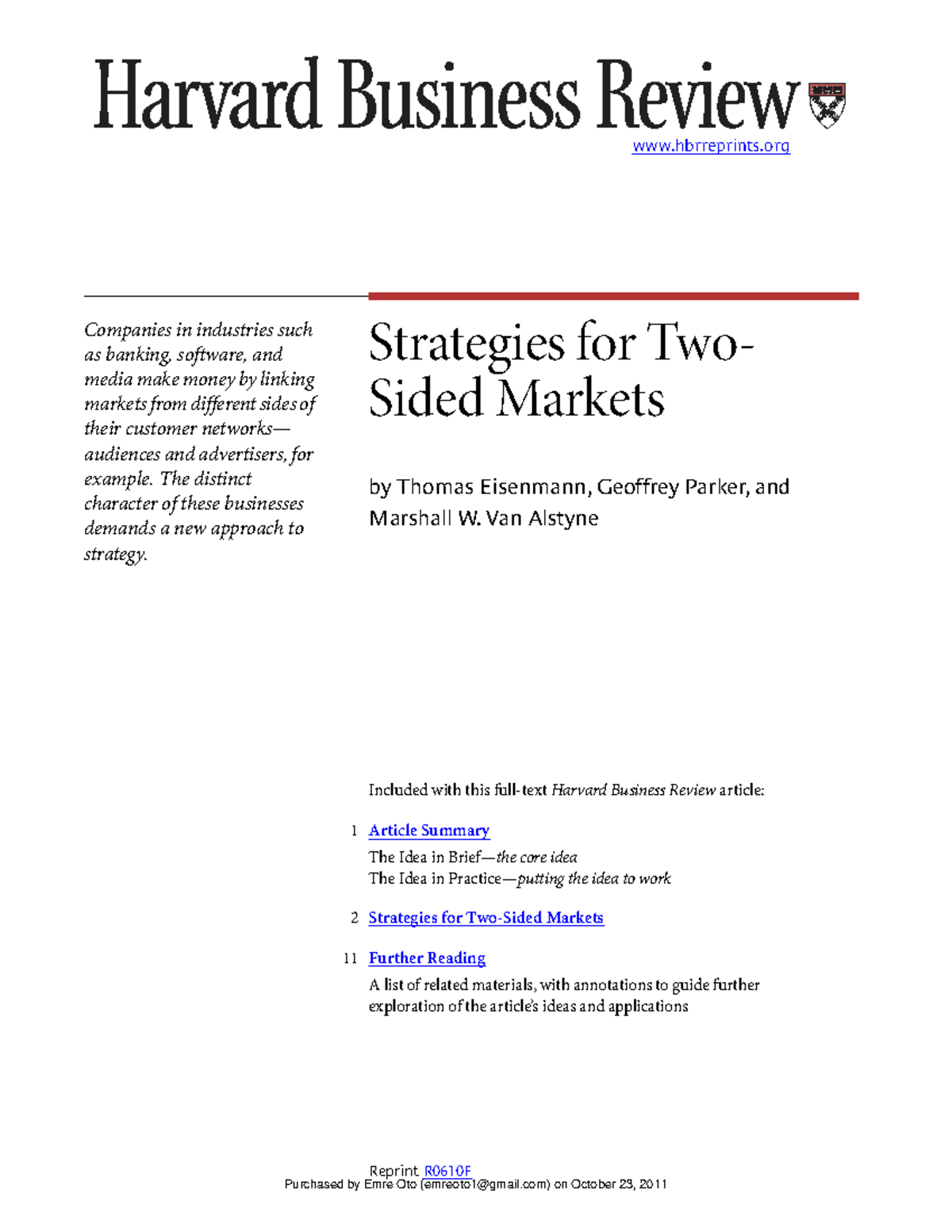 Strategies for Two-Sided Markets - Lecture Notes (Course Code: R0610F ...