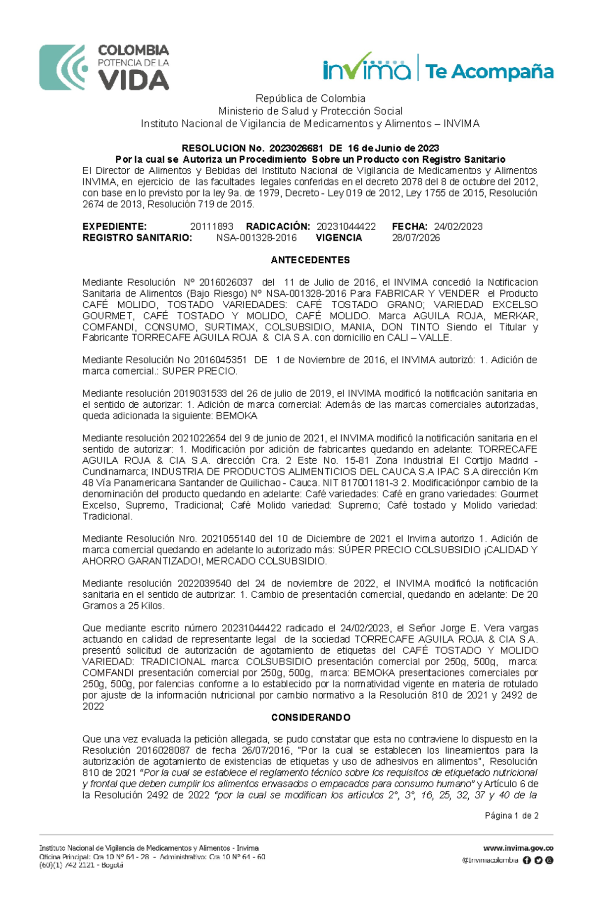 Registro INVIMA: Ficha Técnica y Hoja de Seguridad del Café Tostado ...