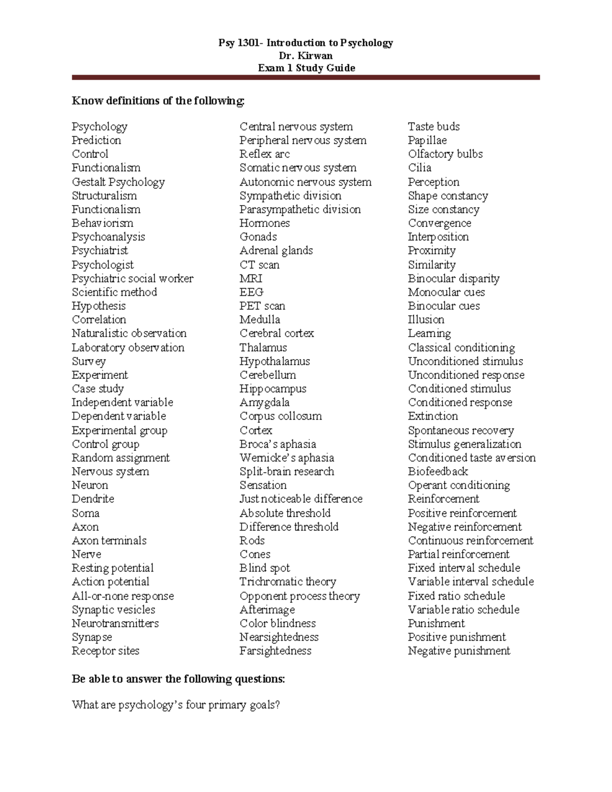 Psy 1301 - Exam 1 Study Guide: Key Concepts in Intro to Psychology ...