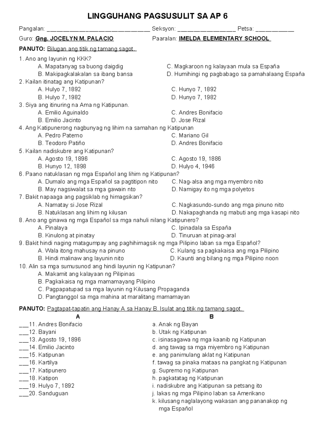 AP 6 1st Quiz - KKK at Katipunan Trivia - Studocu