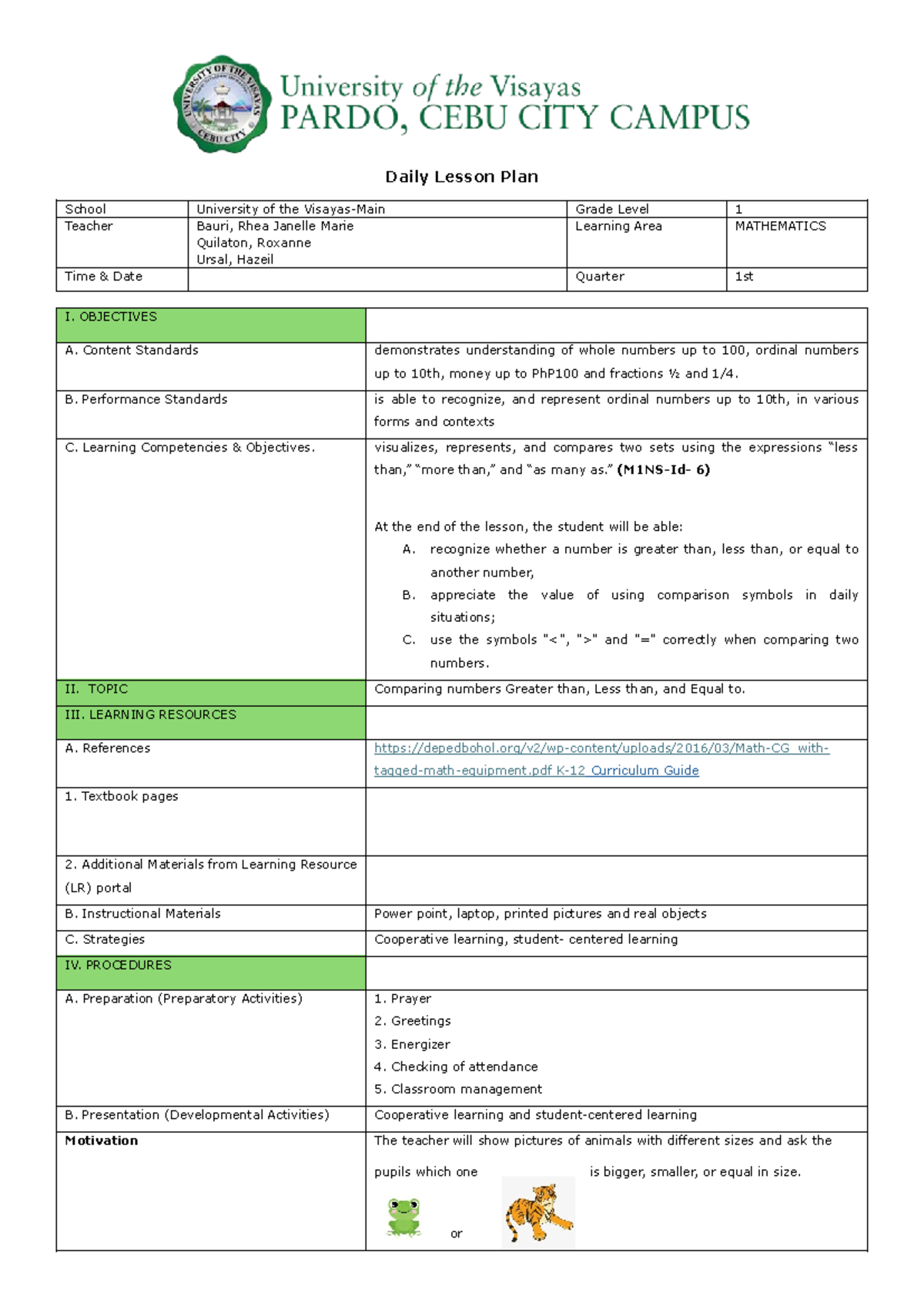 Daily Lesson Plan: Comparing Numbers in Mathematics (Grade 1) - Studocu