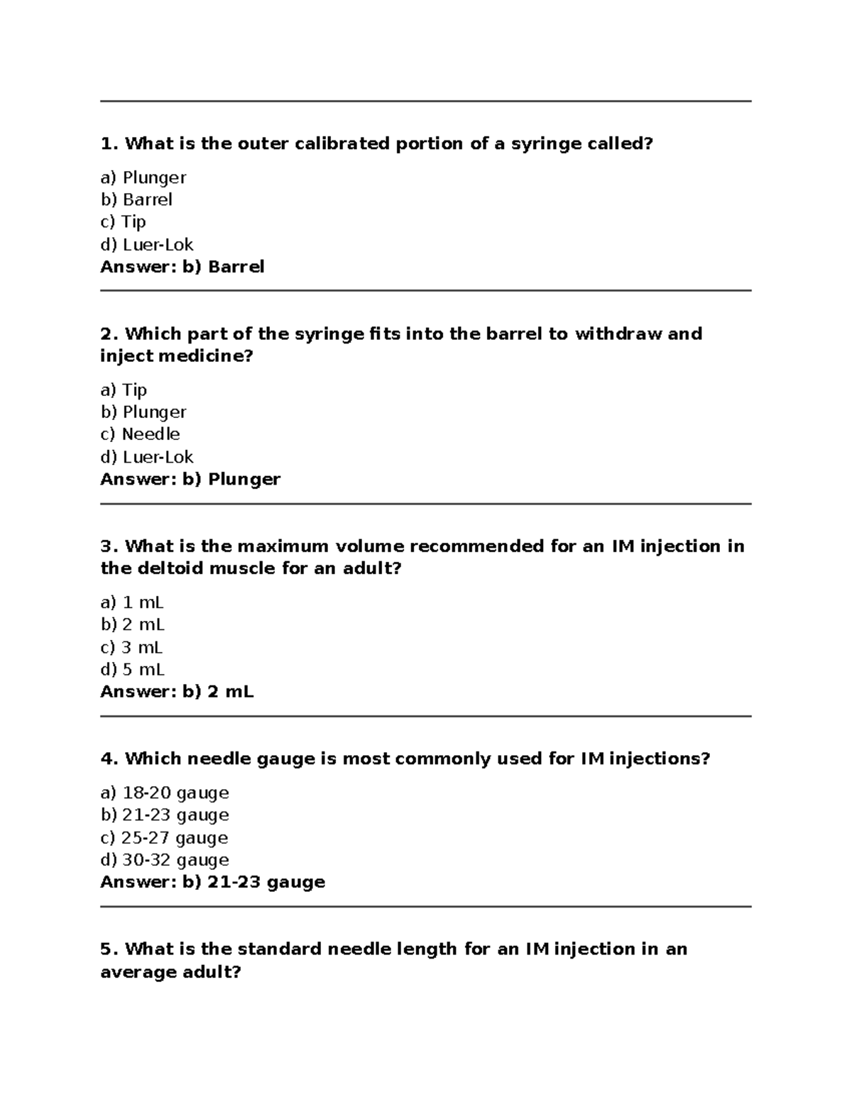 Multiple Choice Questions on IM Injections (Nursing 101) - Studocu