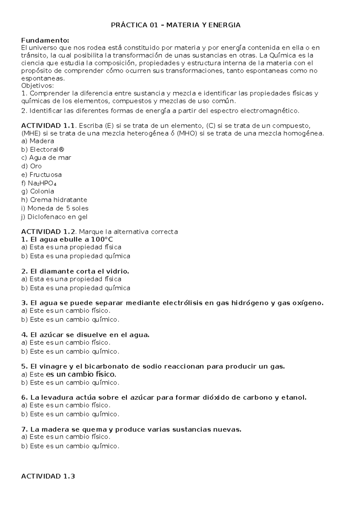 PRÁCTICA 01 MATERIA Y ENERGÍA: Ejercicios y Actividades - Studocu