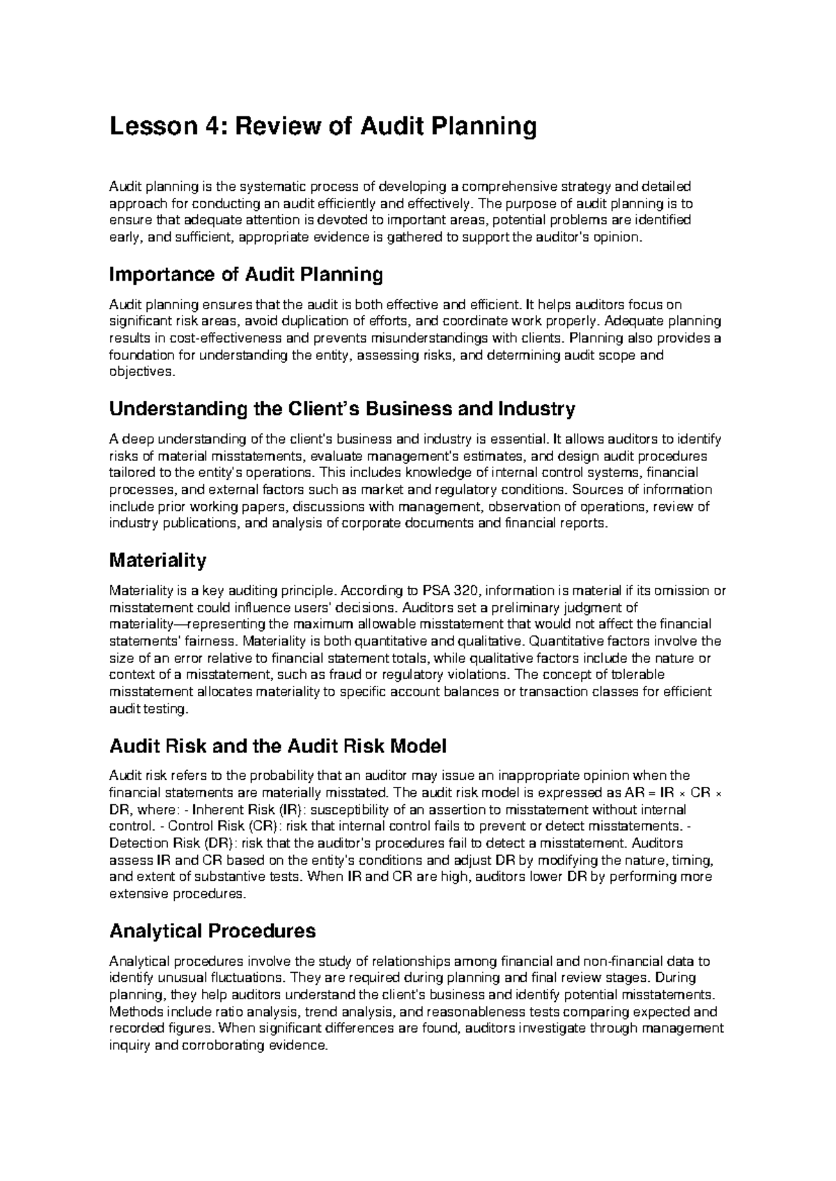 Audit Lessons Summary: Lesson 4 - Review of Audit Planning - Studocu