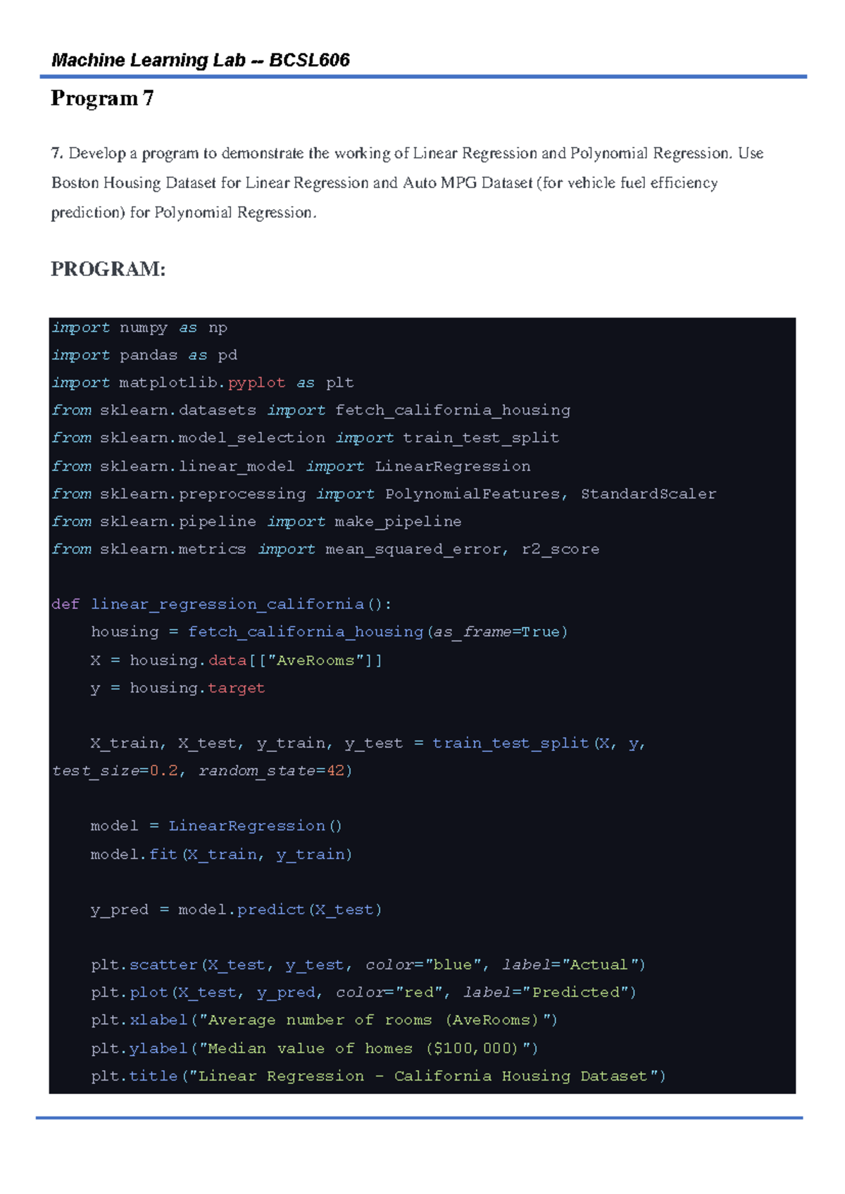 Machine Learning Lab BCSL606: Linear & Polynomial Regression Program ...