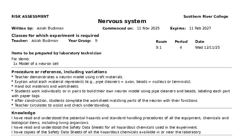 Nervous System Risk Assessment - Year 9 Lab Experiment - Studocu