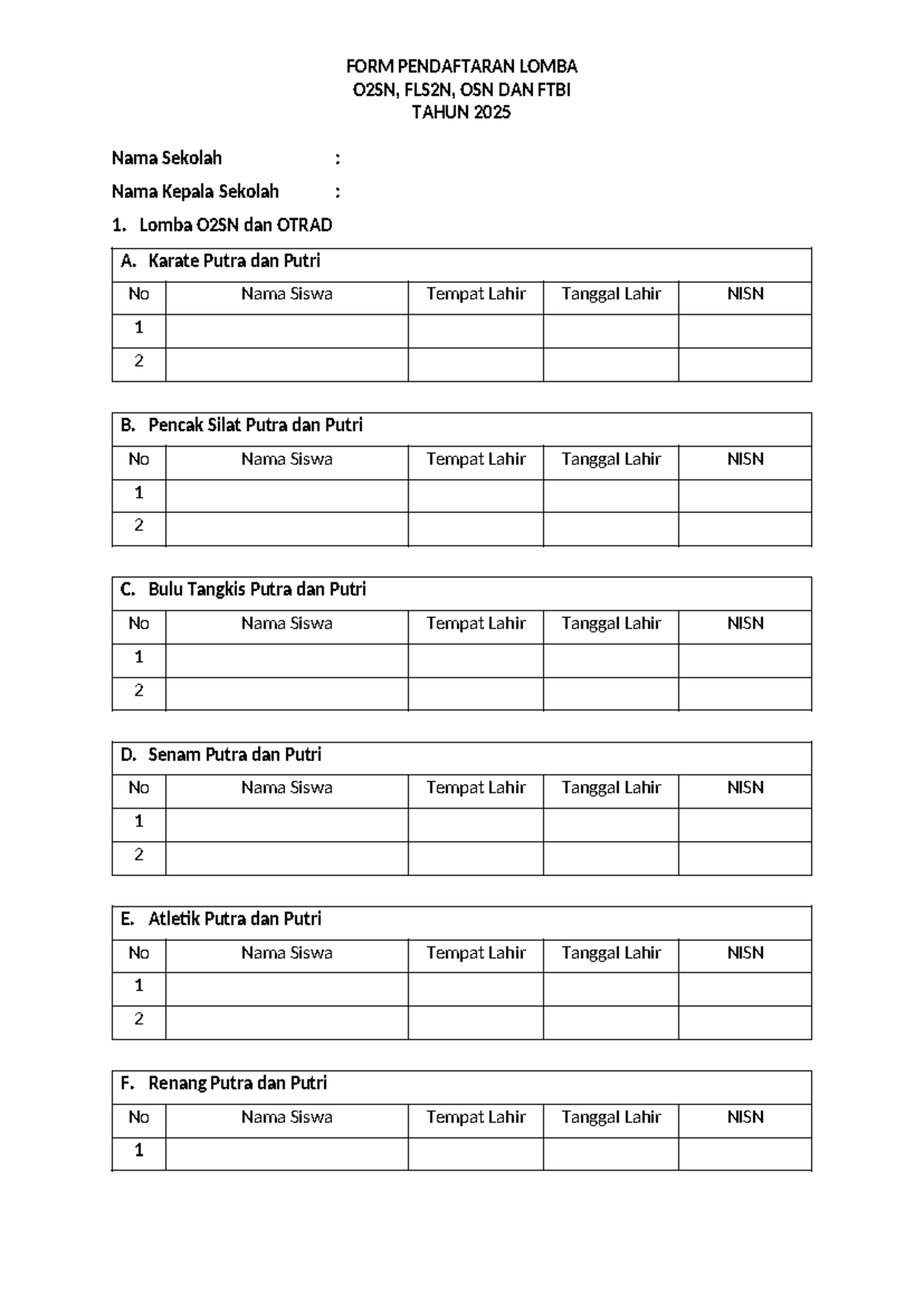FORM Pendaftaran Lomba O2SN, FLS2N, OSN, dan FTBI 2025 - Studocu