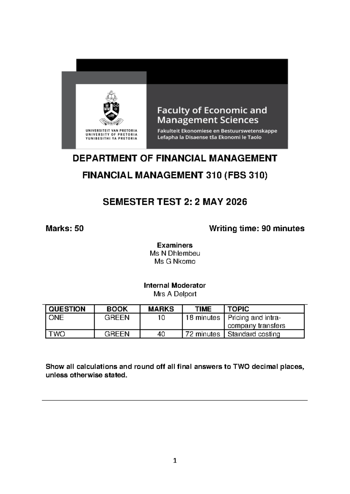 2026 FBS 310 Financial Management Semester Test 2 Analysis - Studocu
