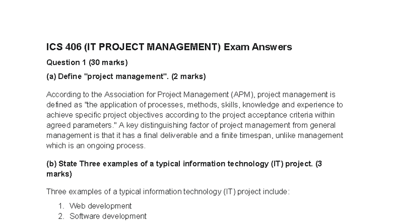 ICS 406 IT Project Management Final Exam Answers and Insights - Studocu