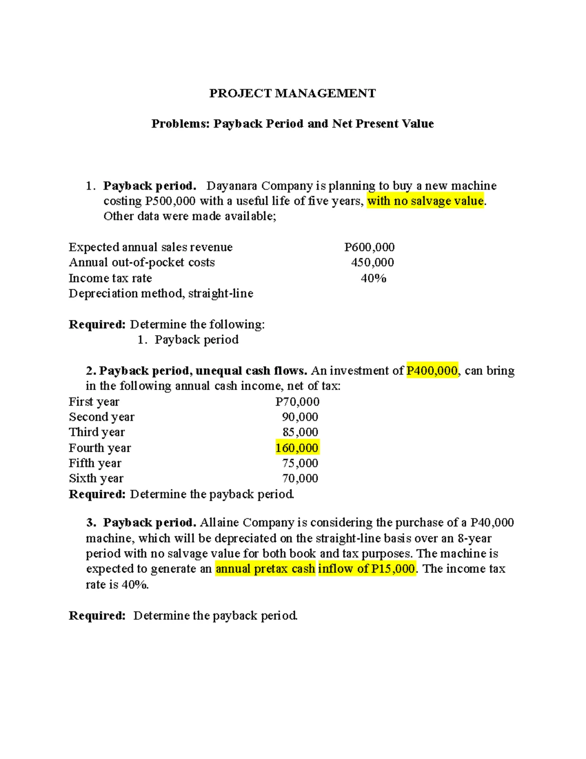 UST Project Management: NPV & Payback Period Analysis with Answers ...