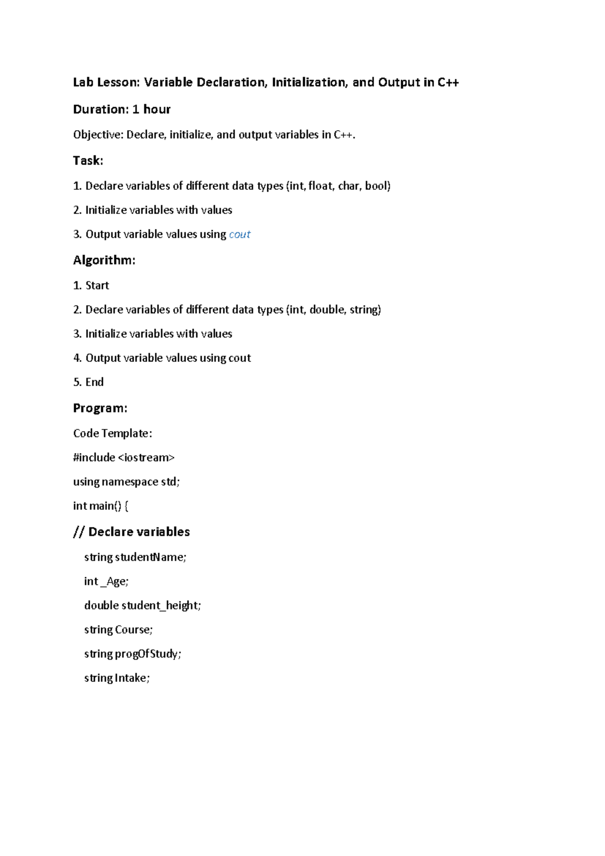 Lab Lesson 1: Variable Declaration & Initialization Notes - Studocu
