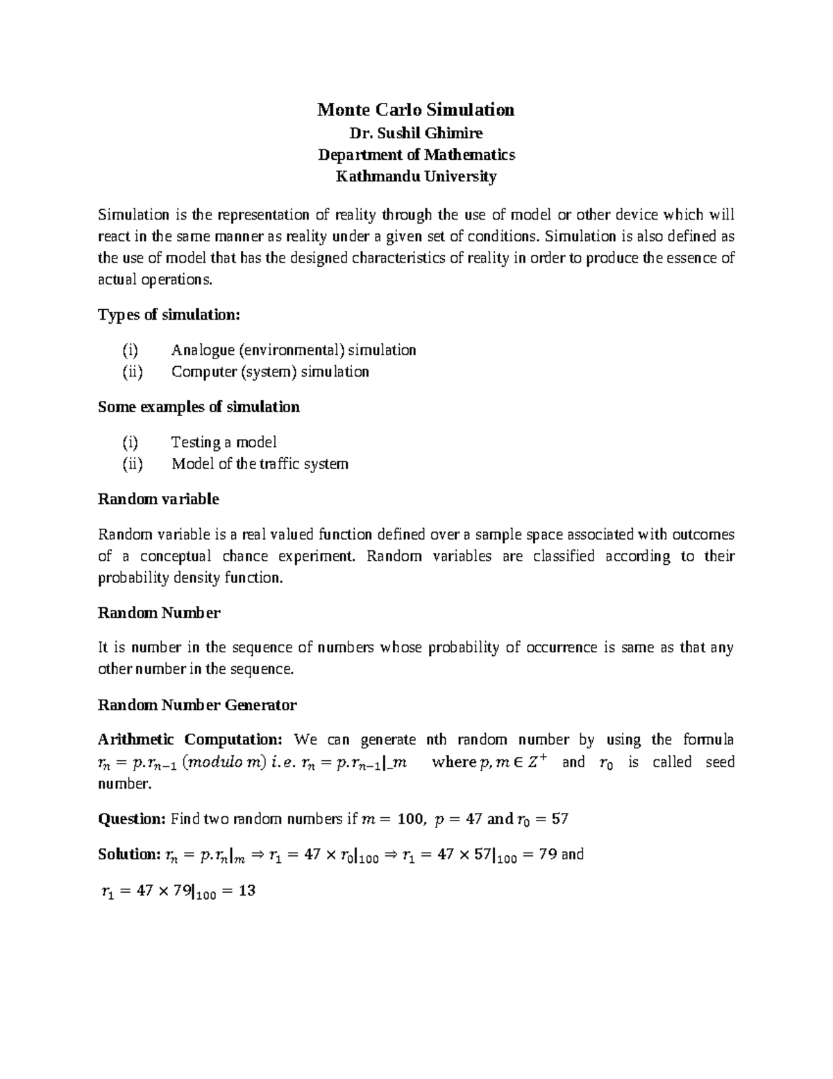 Monte Carlo Simulation: Concepts and Applications in Mathematics - Studocu