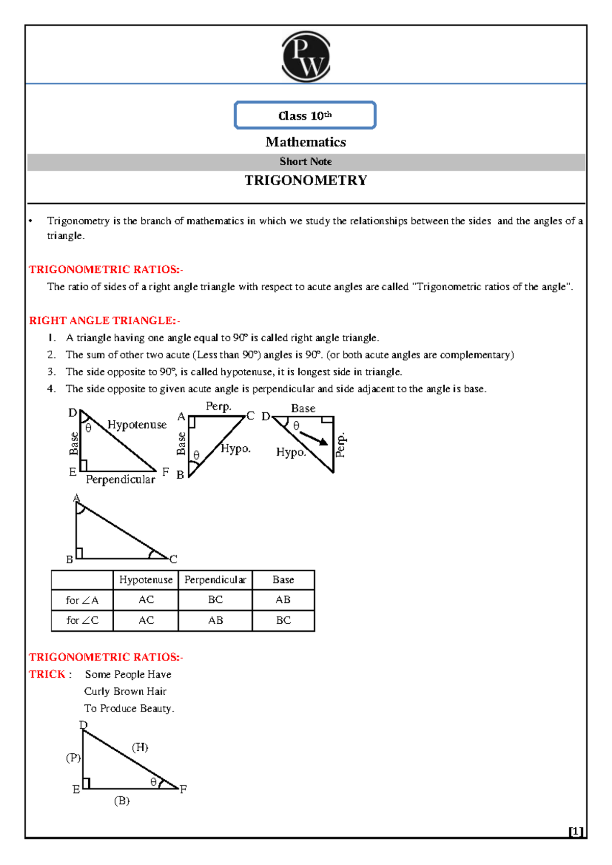 Class 10 Mathematics Short Notes: Trigonometry Concepts - Studocu