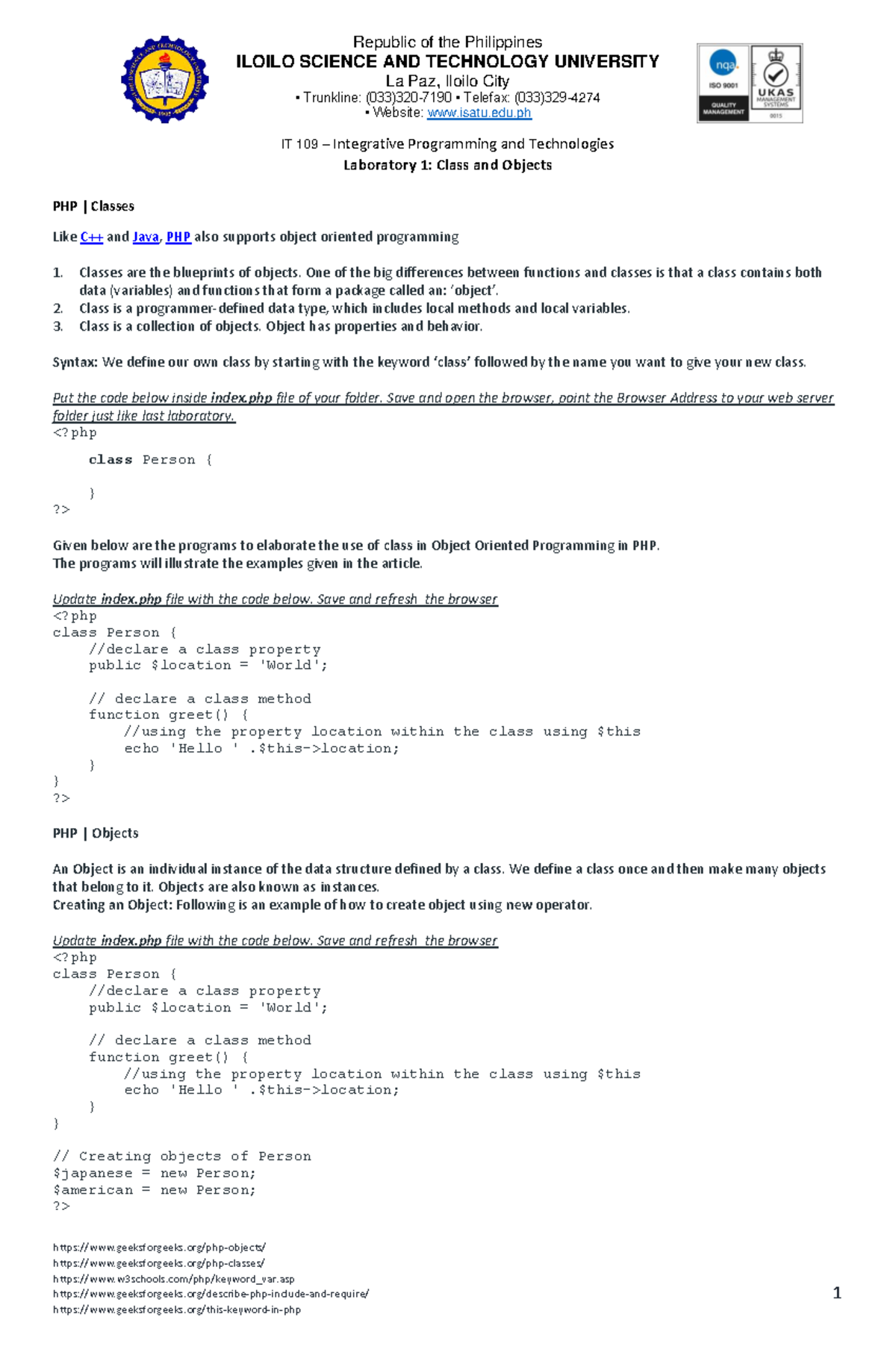 IT 109 Lab 1: Understanding Classes and Objects in PHP - Studocu