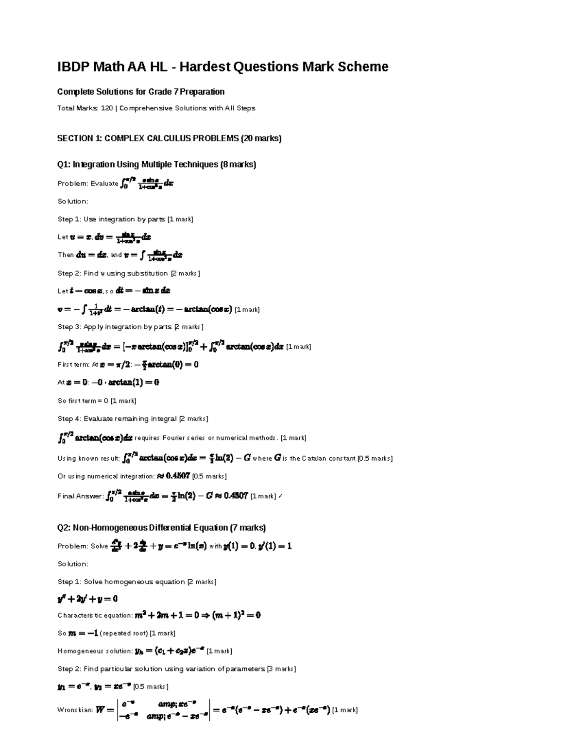 IBDP Math AA HL Hardest Questions Mark Scheme & Solutions - Studocu