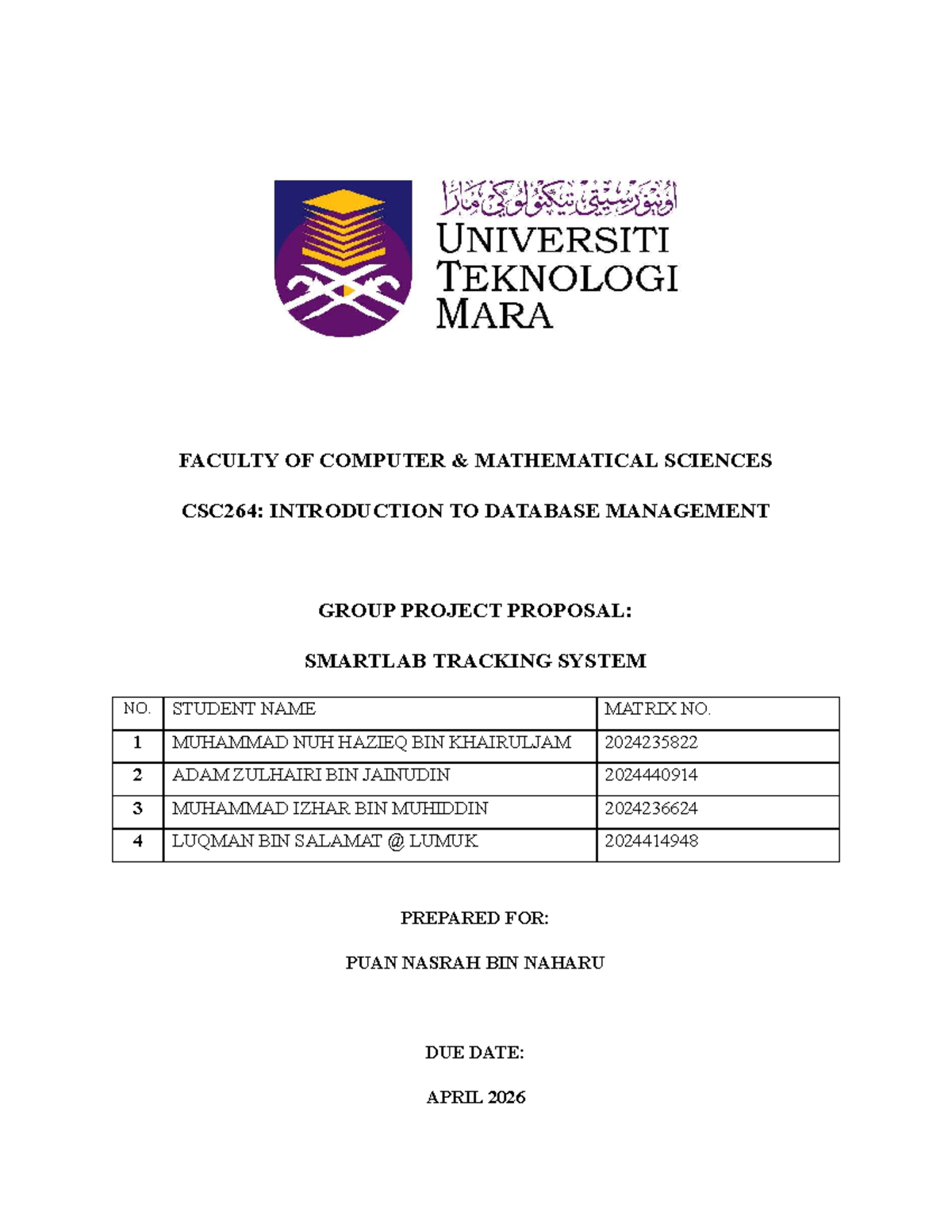 CSC264: Group Project Proposal for SmartLab Tracking System - Studocu