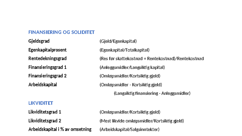 FIN 101: Regnskapsanalyse - Nøkkeltall og Finansieringsmetoder - Studocu