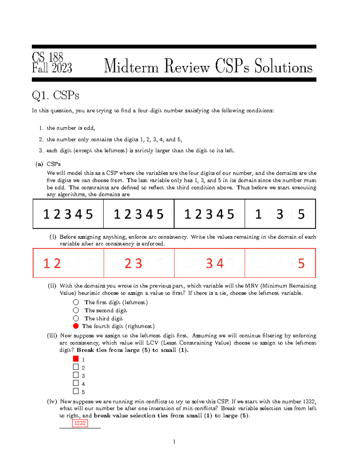 CS 188 - Fall 2023 Midterm Review Solutions for CSPs - Studocu