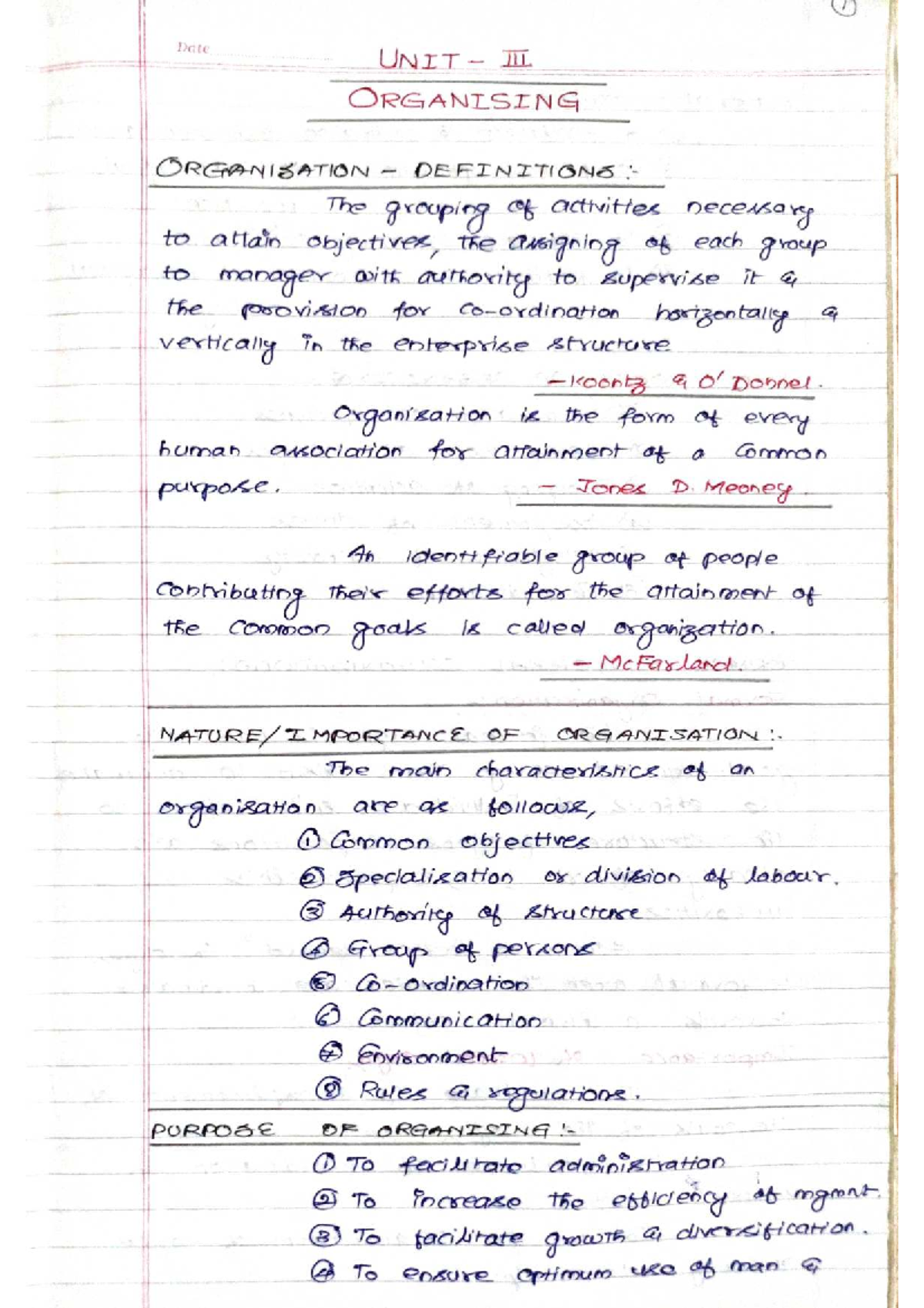 POM UNIT 3 - Lecture notes - Date UNIT. ORGANISING ORGANISATION The ...