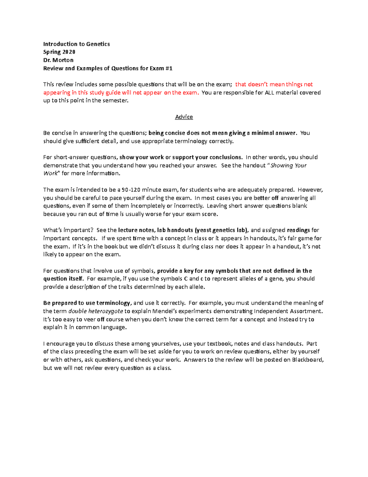 Genetics Exam #1 Study Guide and Key - Practice Questions S2021 - Studocu