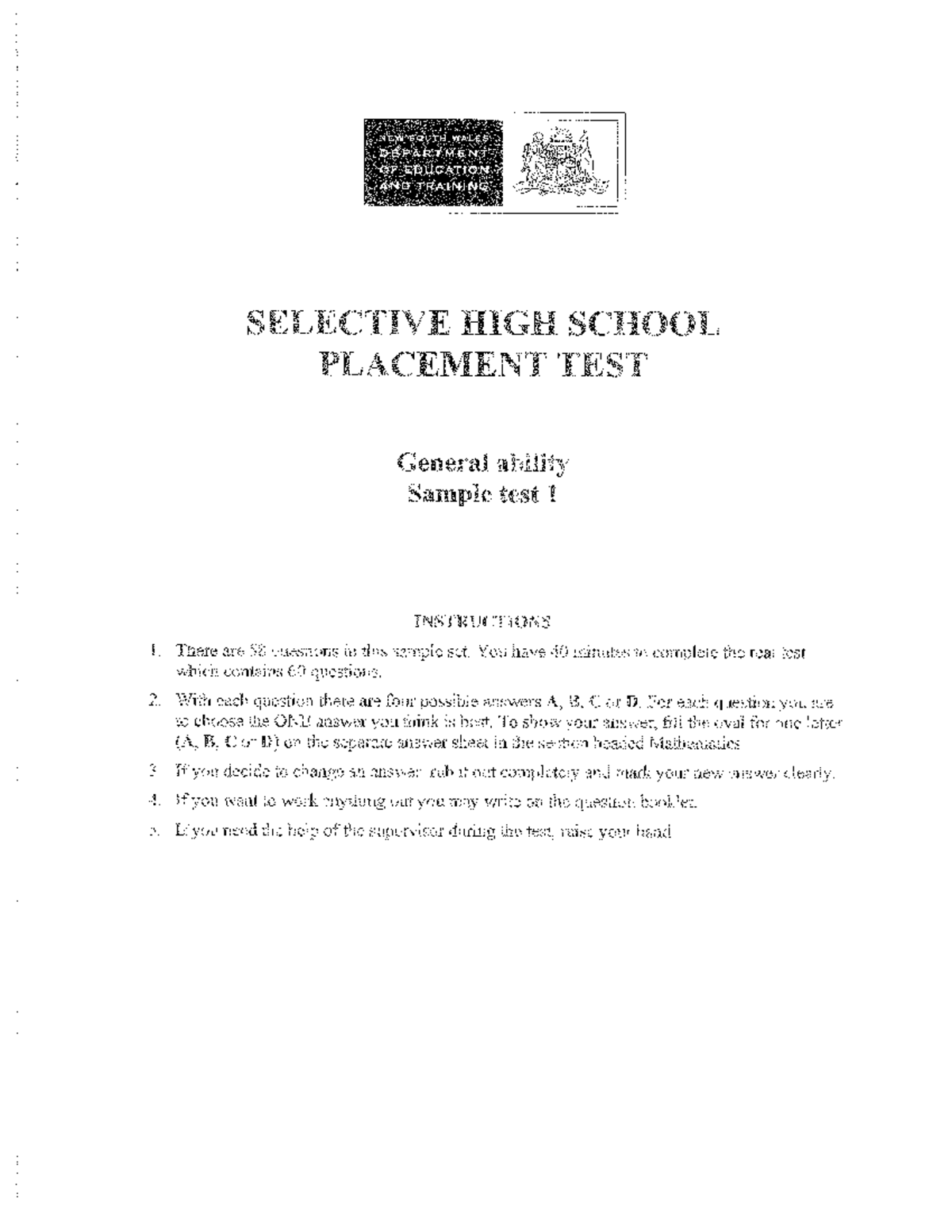 001 Selective High School Placement Test General Ability Sample Paper ...