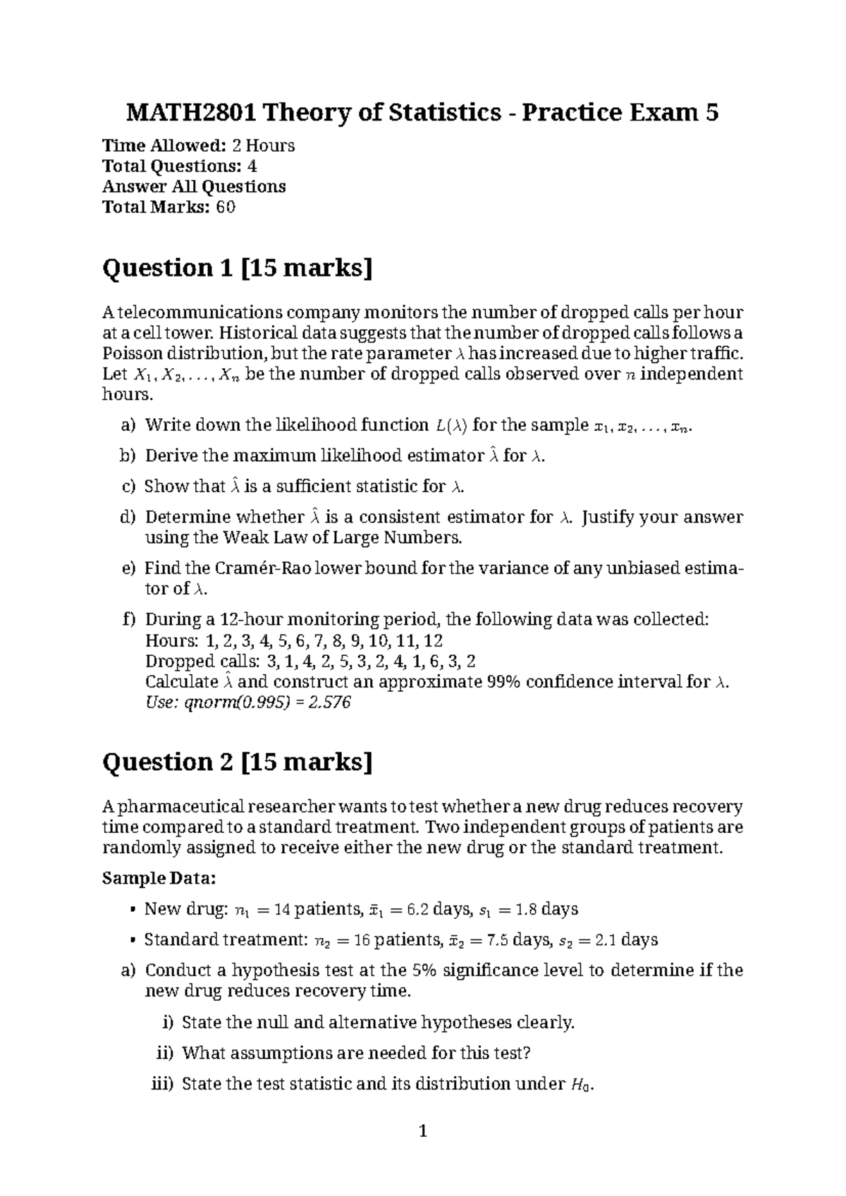 MATH2801 Unofficial Practice Exam on Theory of Statistics - Studocu