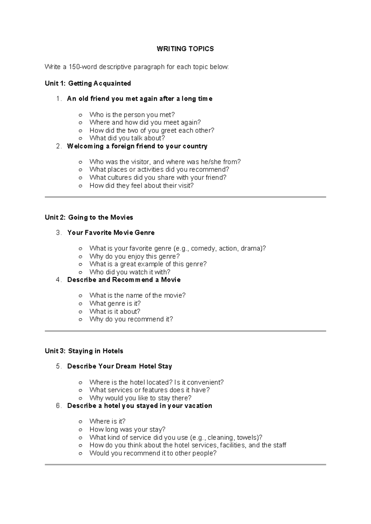 ENT203 Writing Topics: Descriptive Paragraphs for Various Themes - Studocu