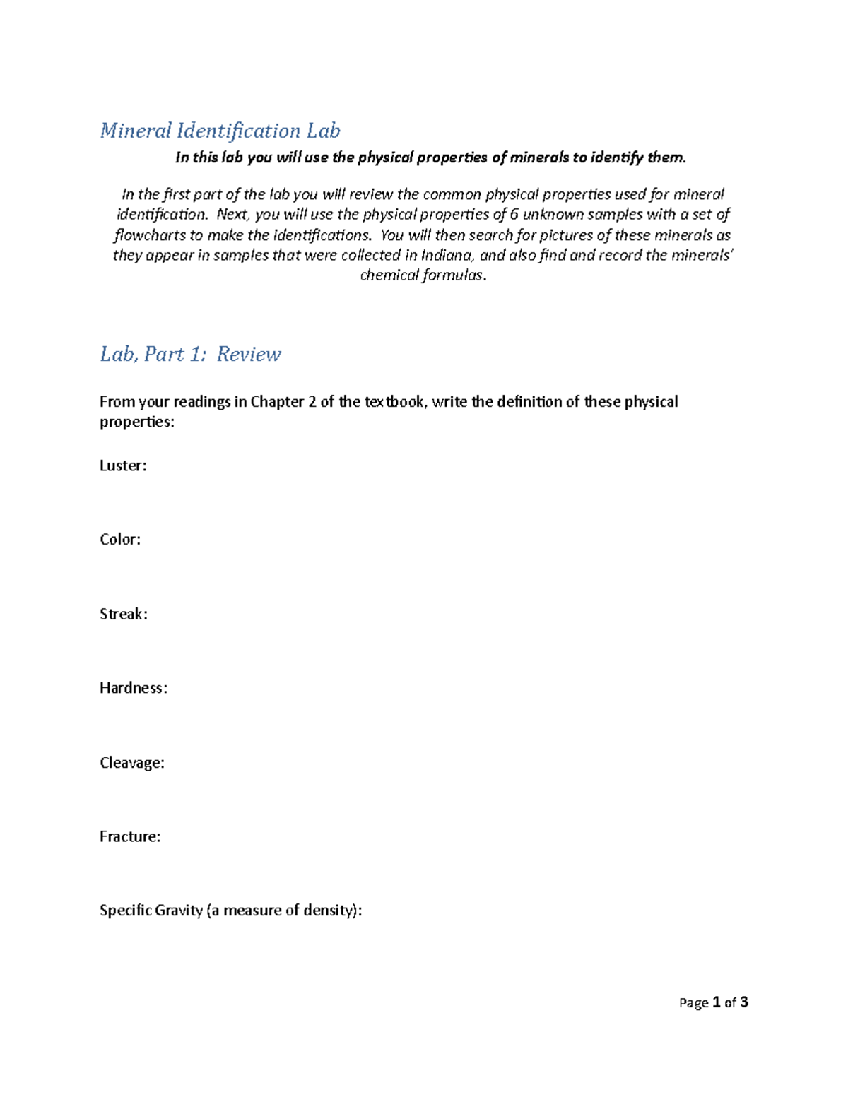 Mineral Identification Lab Directions & Worksheets for Geology 101 ...