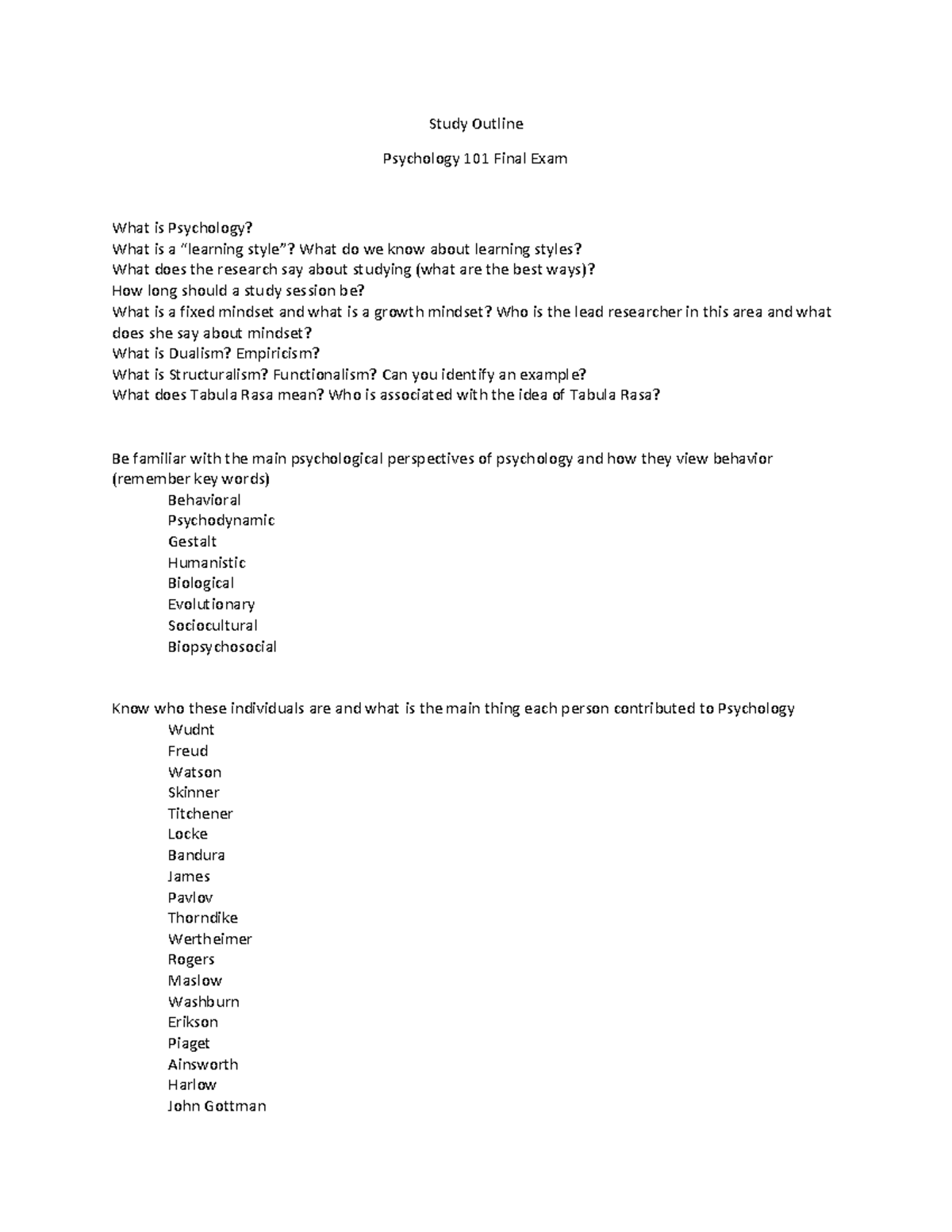 Psychology 101 Final Exam Study Guide: Key Concepts and Theories ...