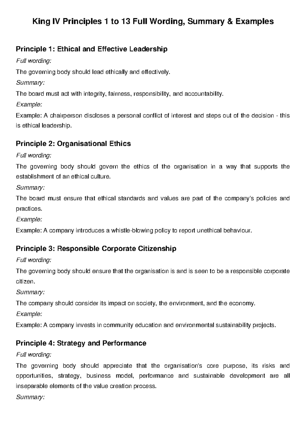 King IV Principles 1-13: Ethical Leadership & Governance Summary - Studocu