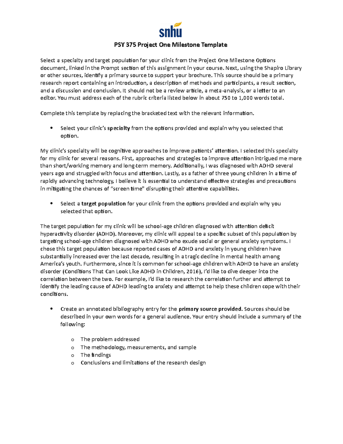 PSY 375 Project One: Milestone on ADHD and Anxiety Treatment Approaches ...
