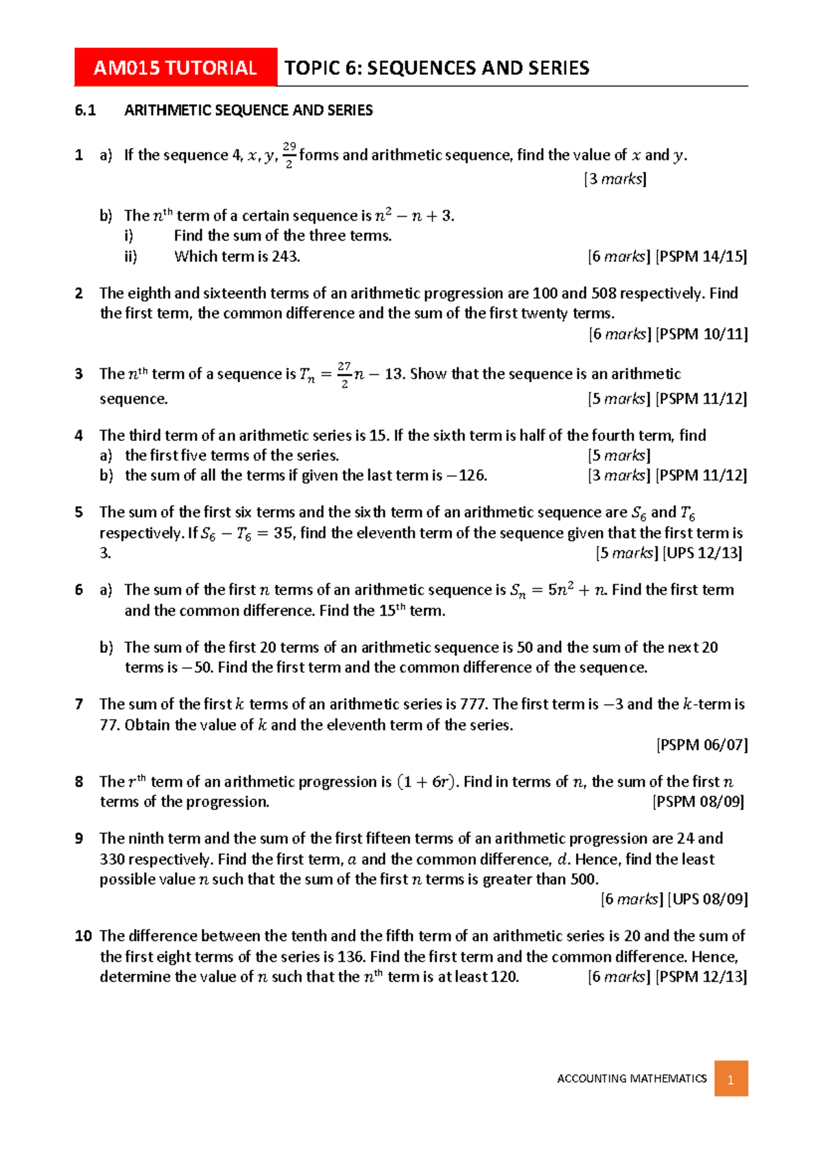 Topic 6-1 - adwjnajd - AM015 TUTORIAL TOPIC 6 : SEQUENCES AND SERIES ...
