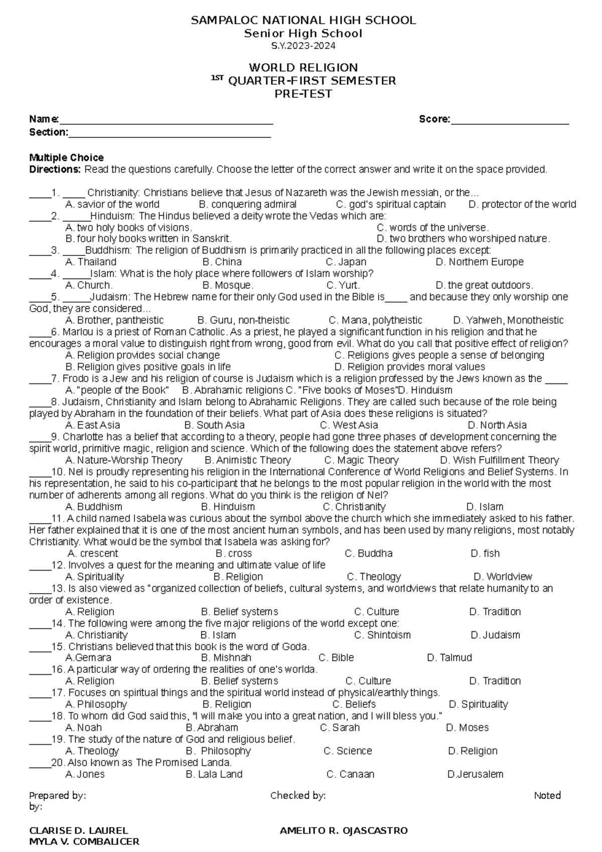World Religion-Q1- Pretest - SAMPALOC NATIONAL HIGH SCHOOL Senior High ...