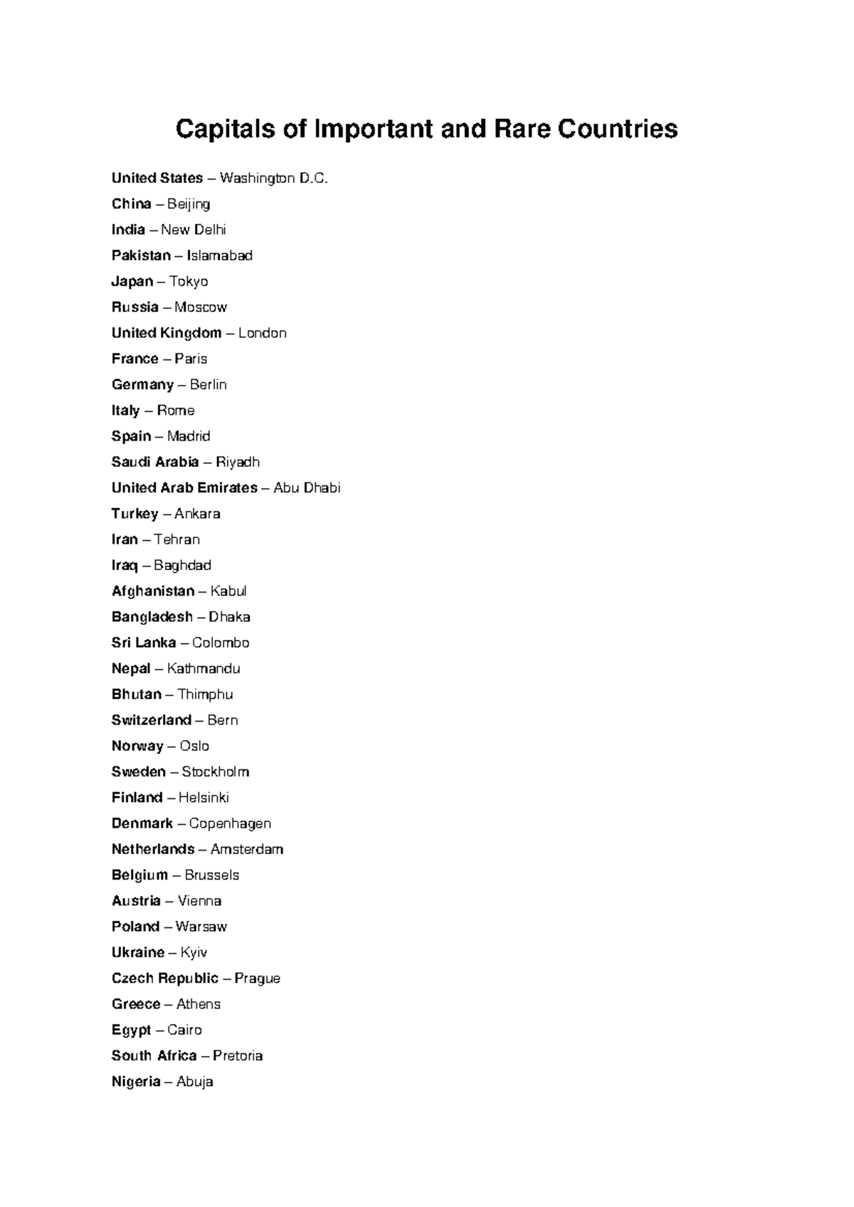 Capitals of Important & Rare Countries: A Comprehensive List - Studocu