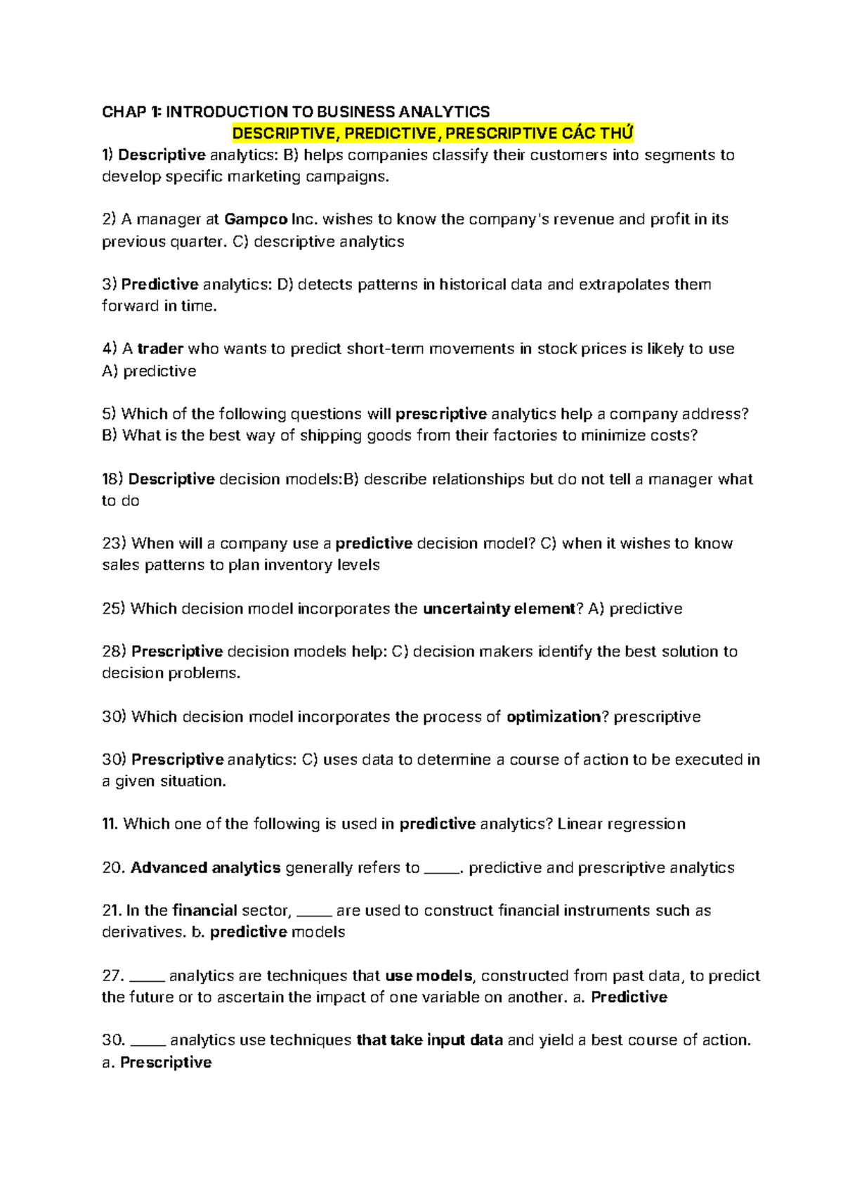 CHAP 1: INTRODUCTION TO BUSINESS ANALYTICS - DESCRIPTIVE, PREDICTIVE ...