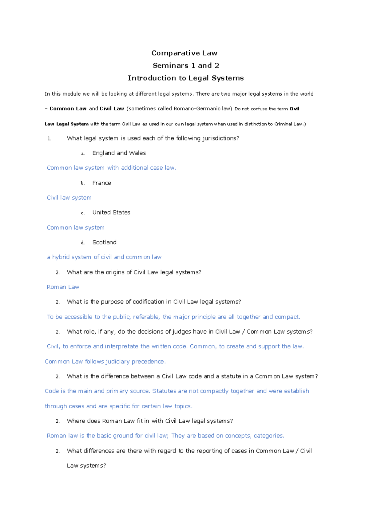 Comparative Law - Seminar Notes on Legal Systems Analysis - Studocu