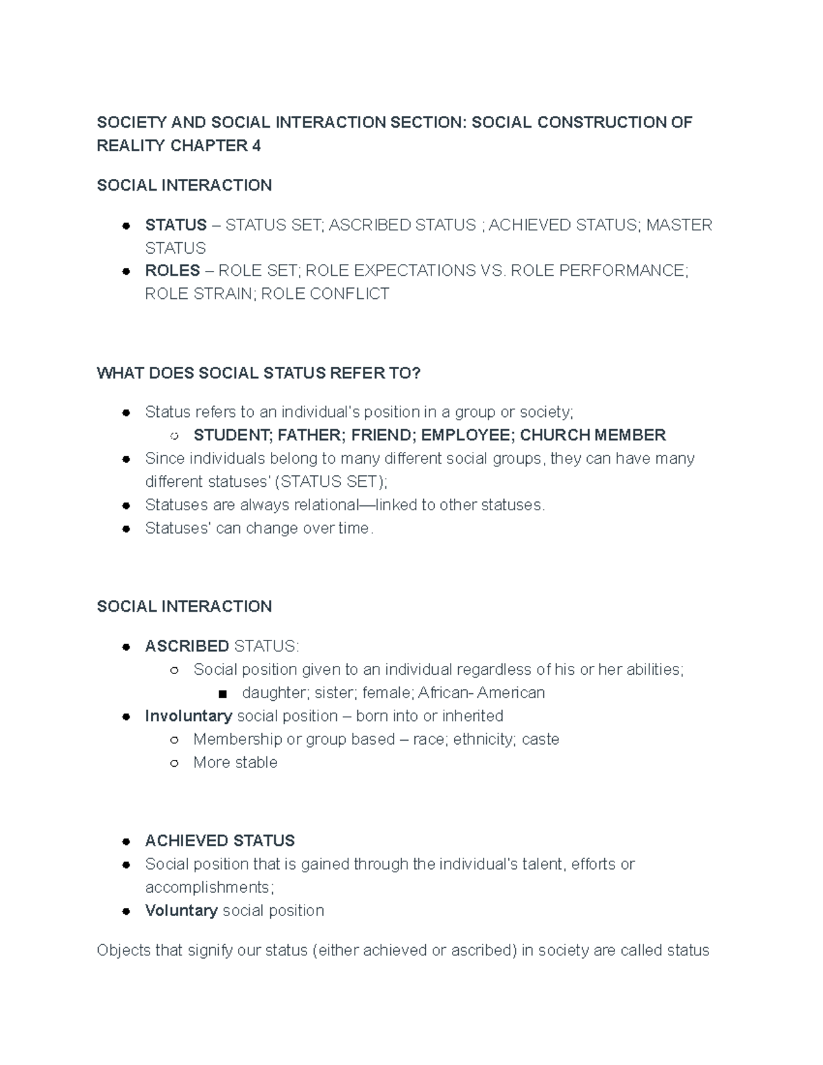 Chapter 4 Notes on Social Interaction and Status SOC 1 - Studocu