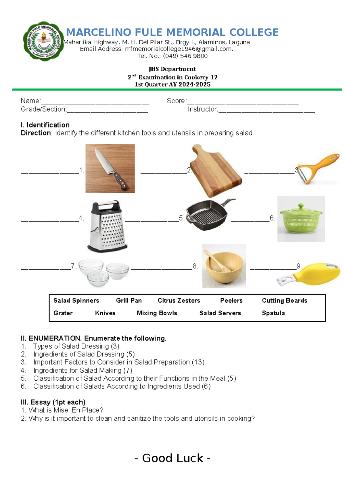 Cookery 12 Final Exam - Kitchen Tools and Salad Preparation - Studocu