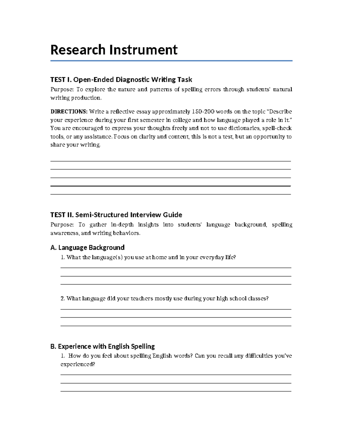 Research Instrument: Diagnostic Writing & Interview Guide for Spelling ...