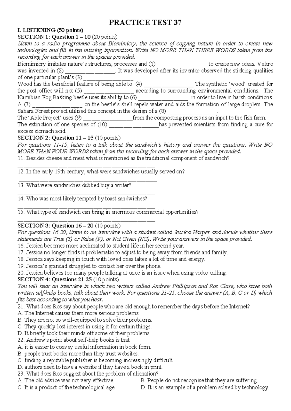 PRACTICE TEST 37 - LISTENING & READING COMPREHENSION - Studocu