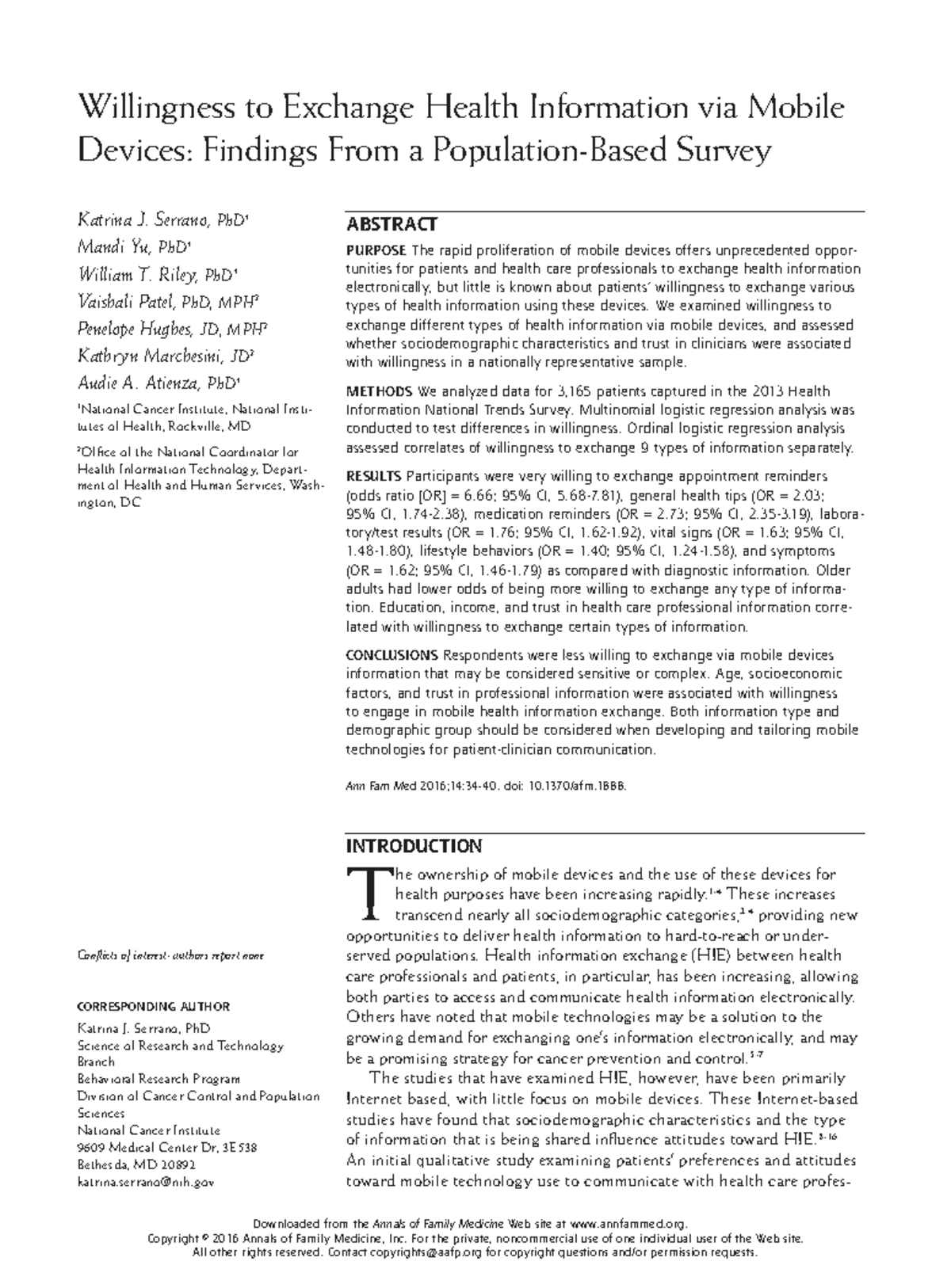 Willingness to Exchange Health Info via Mobile Devices: A Study ...