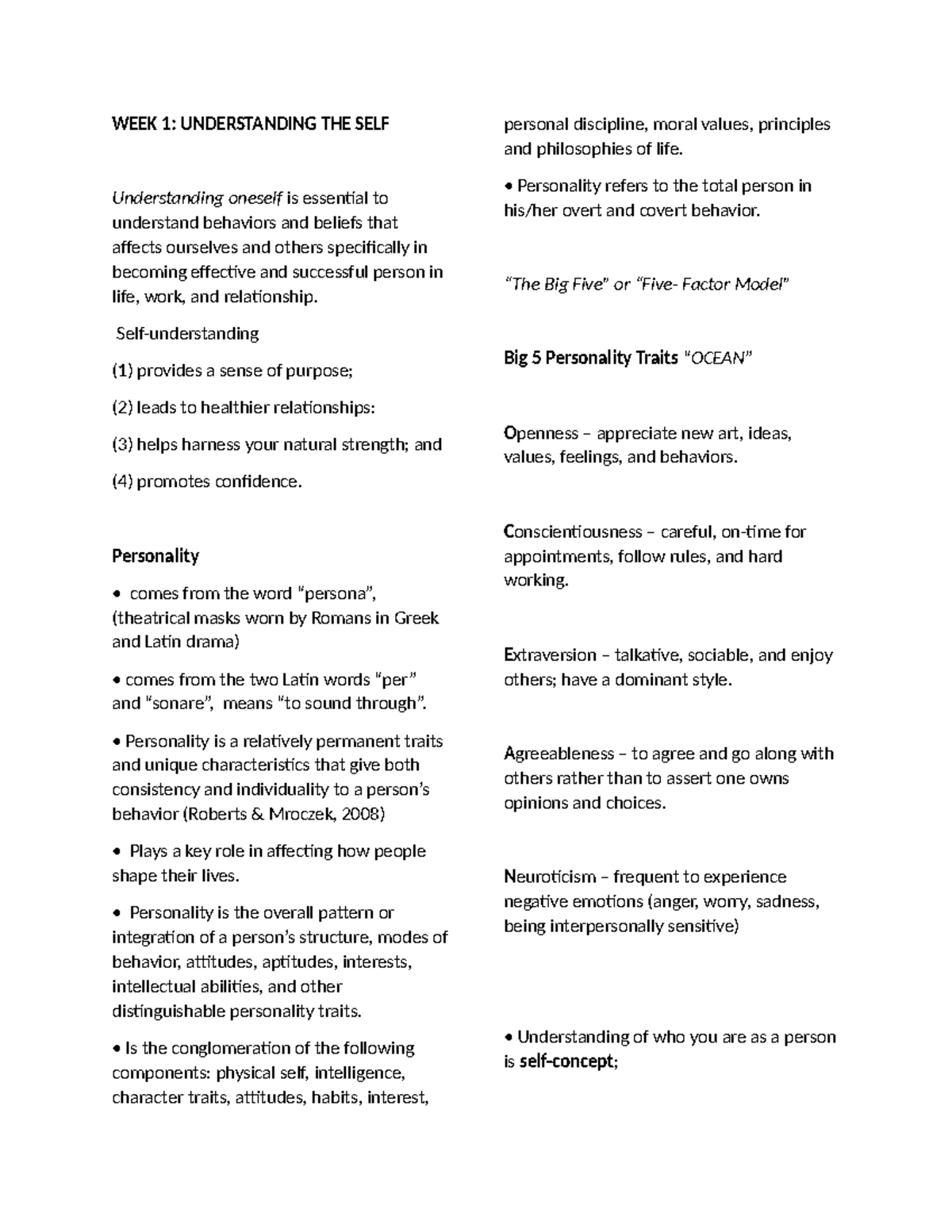 M1&2 UTS Reviewer - WEEK 1: UNDERSTANDING THE SELF Understanding ...