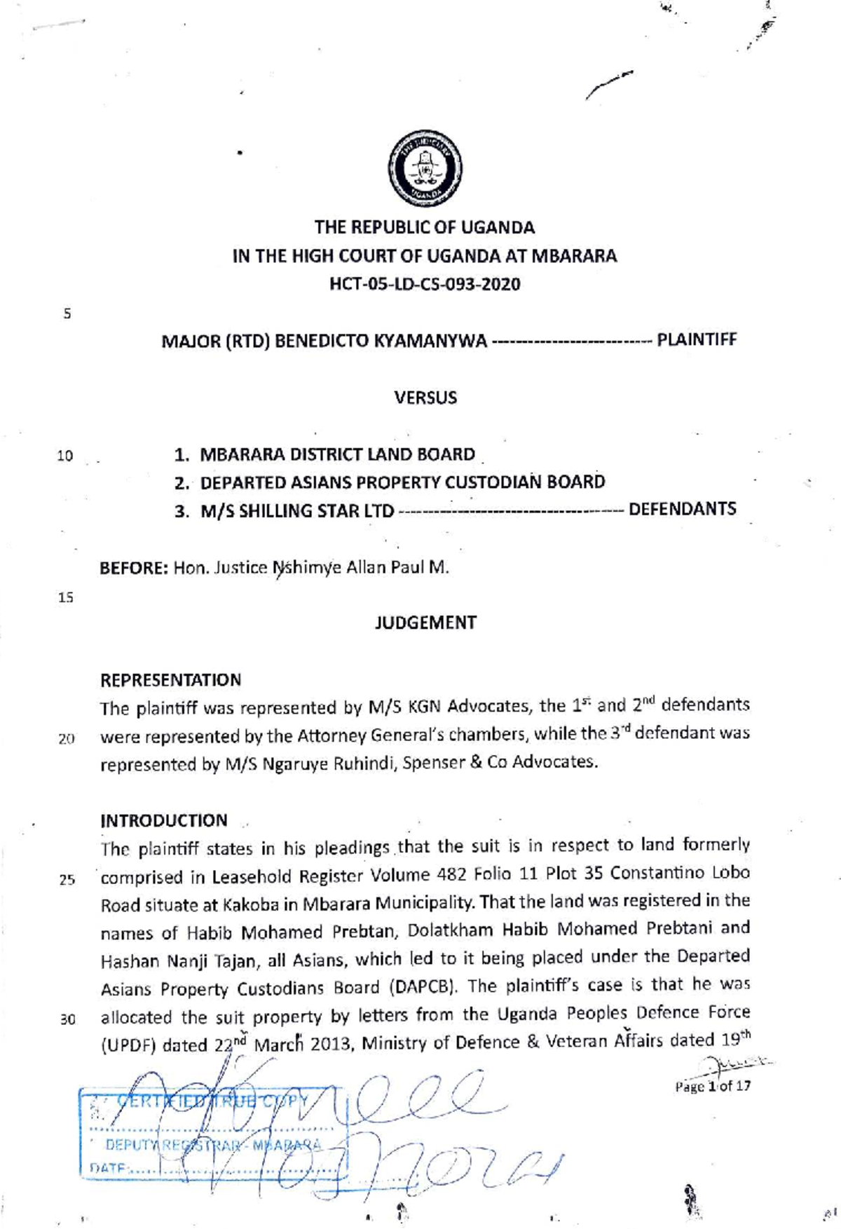 Judgment Analysis: Kyamanywa vs. Shilling Star Ltd (Civil Case) - Studocu