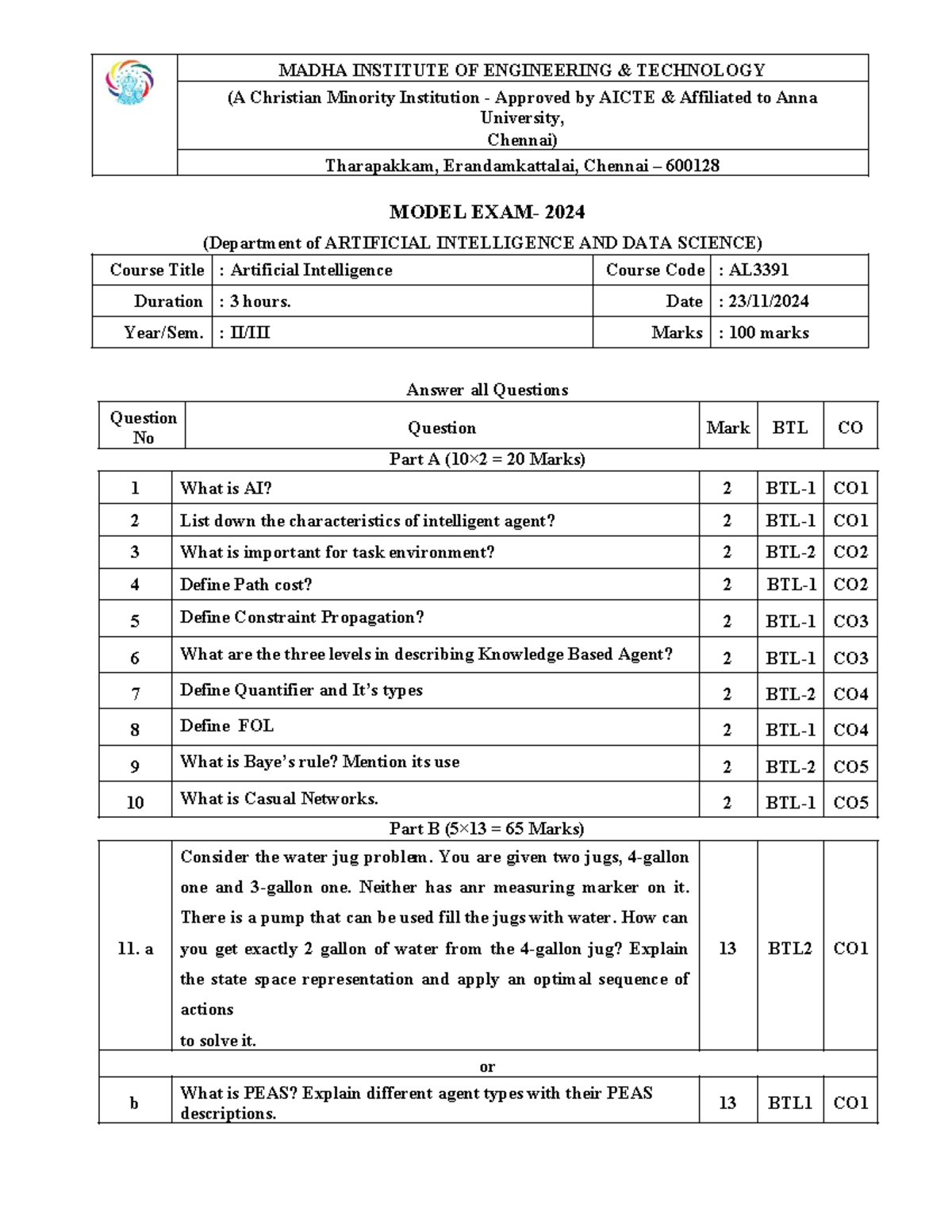 Model Exam Questions for AI Course (AL) - 2024 - Studocu