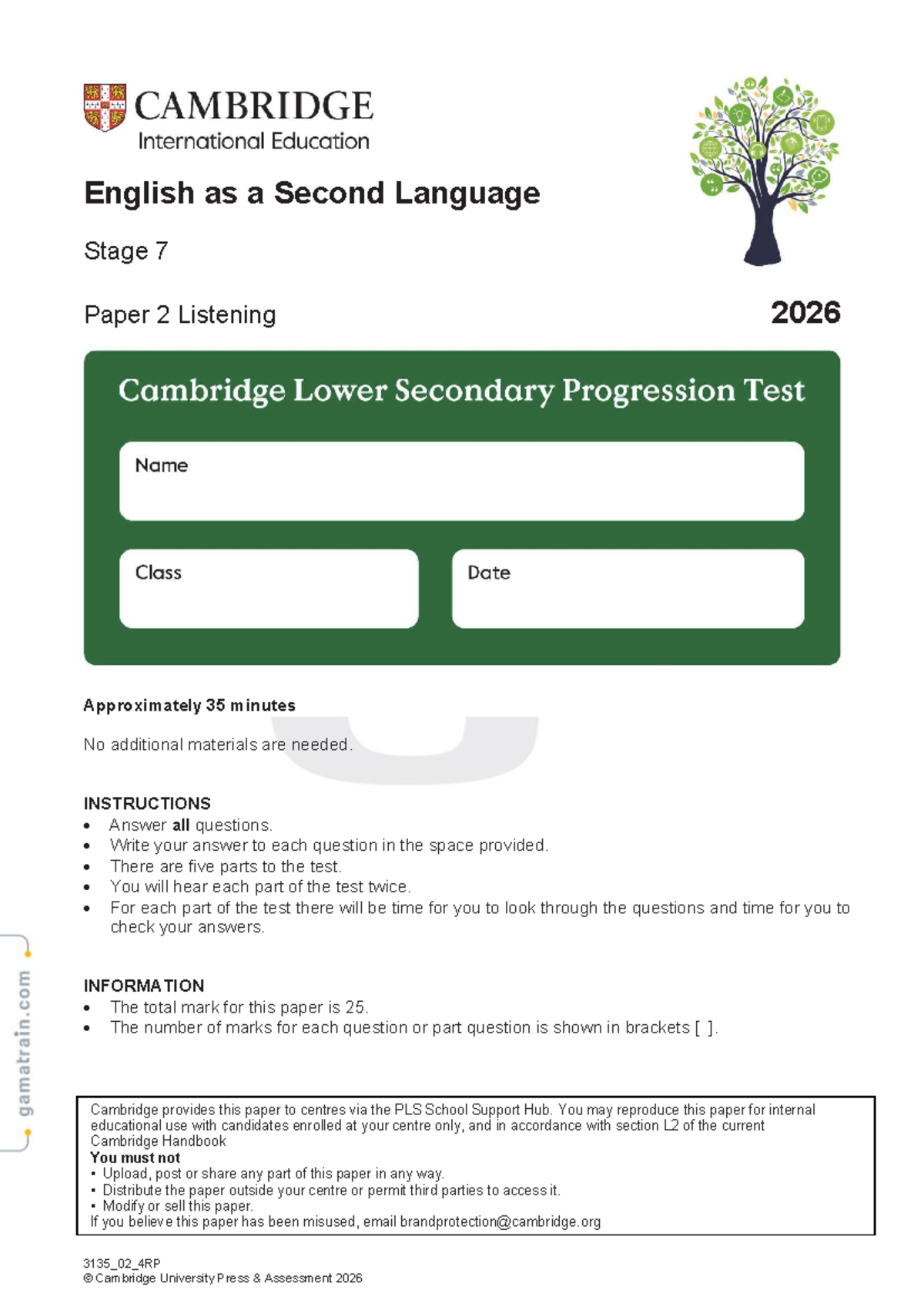 Cambridge ESL Stage 7 Paper 2 Listening Test 2026 - Studocu