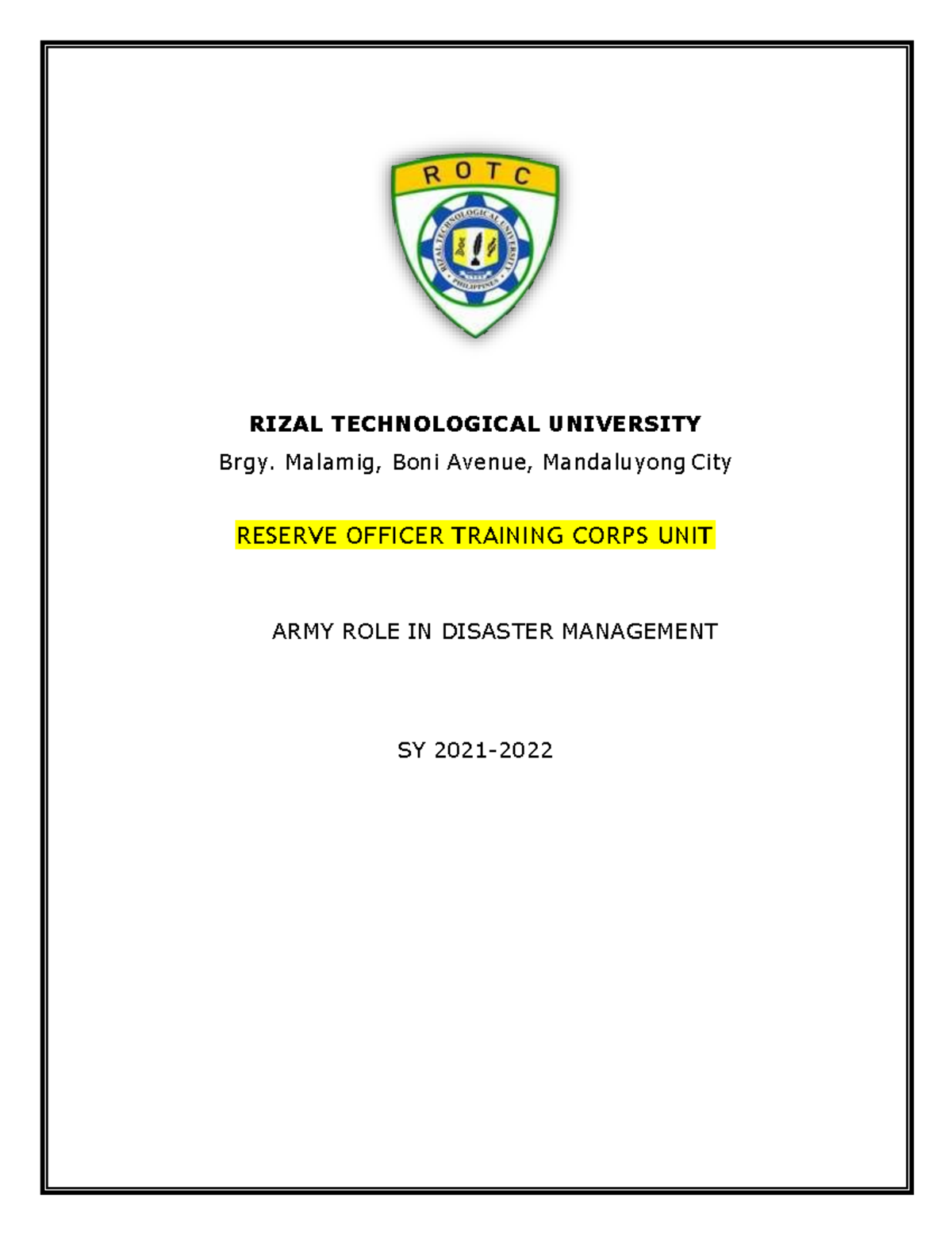 Army's Role in Disaster Management: Handouts for ROTC SY 2021-2022 ...
