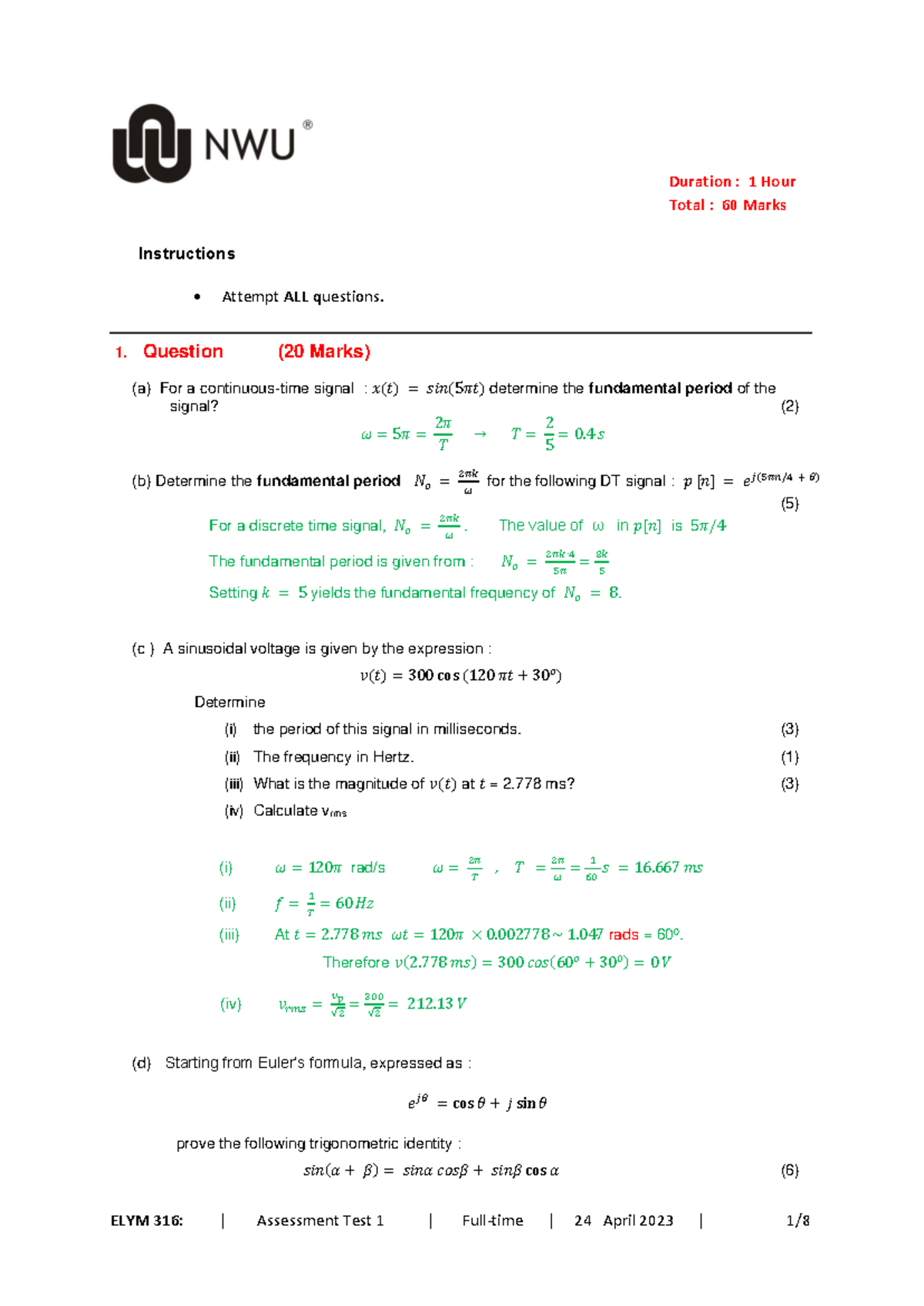 ELYM 316: Test 1 Question Paper - 60 Marks, 1 Hour Duration - Studocu